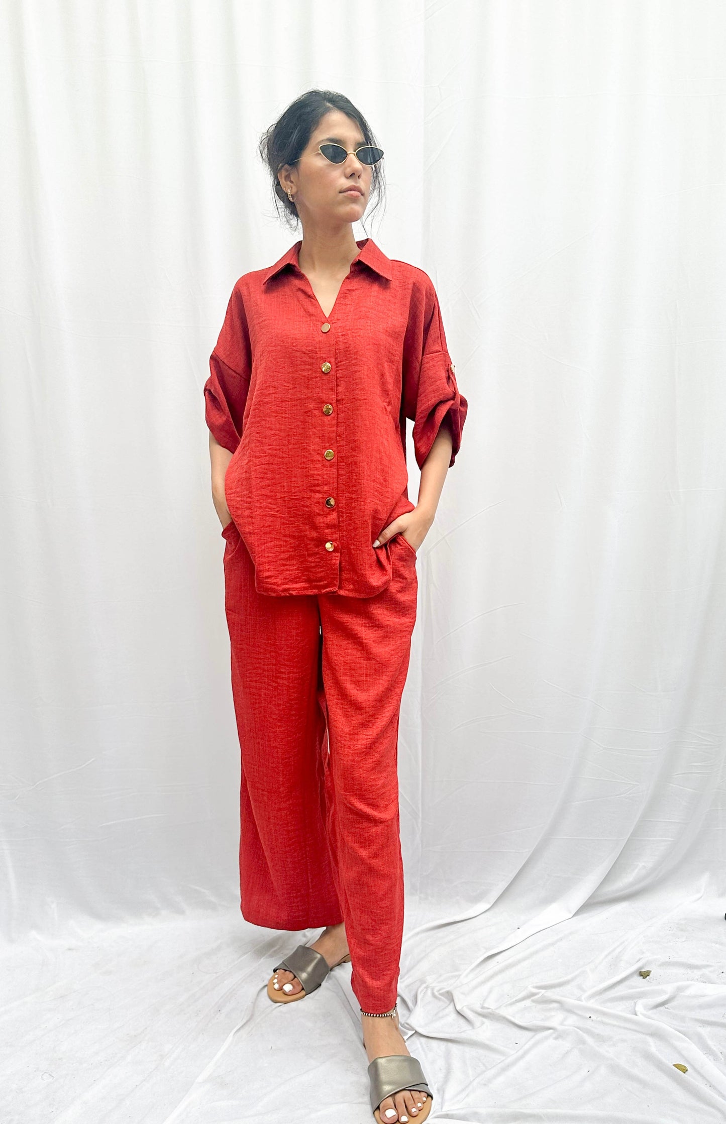 BURNT ORANGE FUN CO-ORDS WITH GOLD BUTTONS BESU INDIA