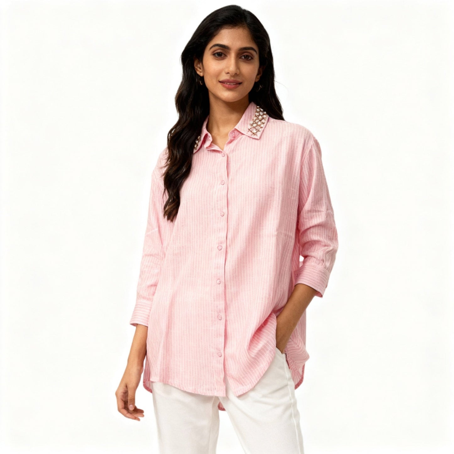 LIGHT PINK STRIPED SHIRT WITH EMBROIDERED COLLAR BESU INDIA