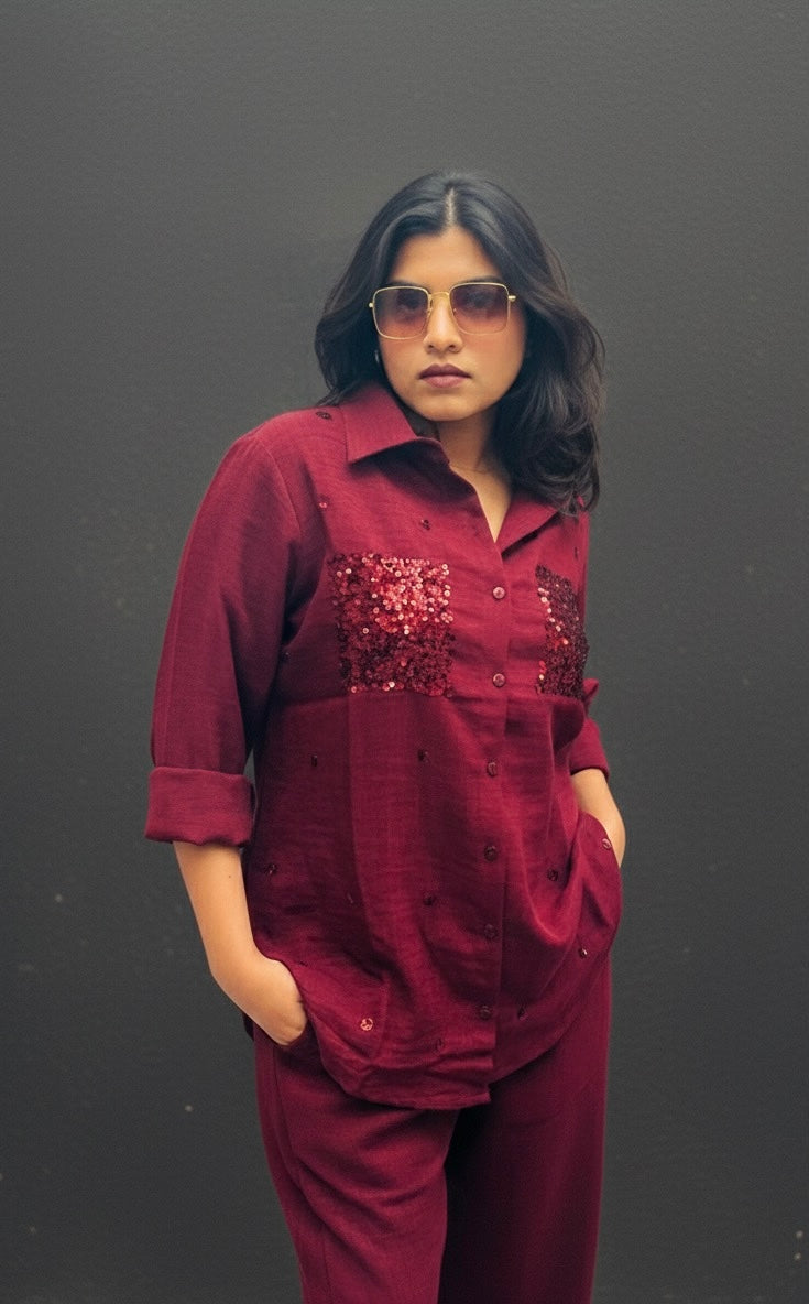 WINE RED LINEN CO-ORDS WITH SEQUINS POCKETS BESU INDIA