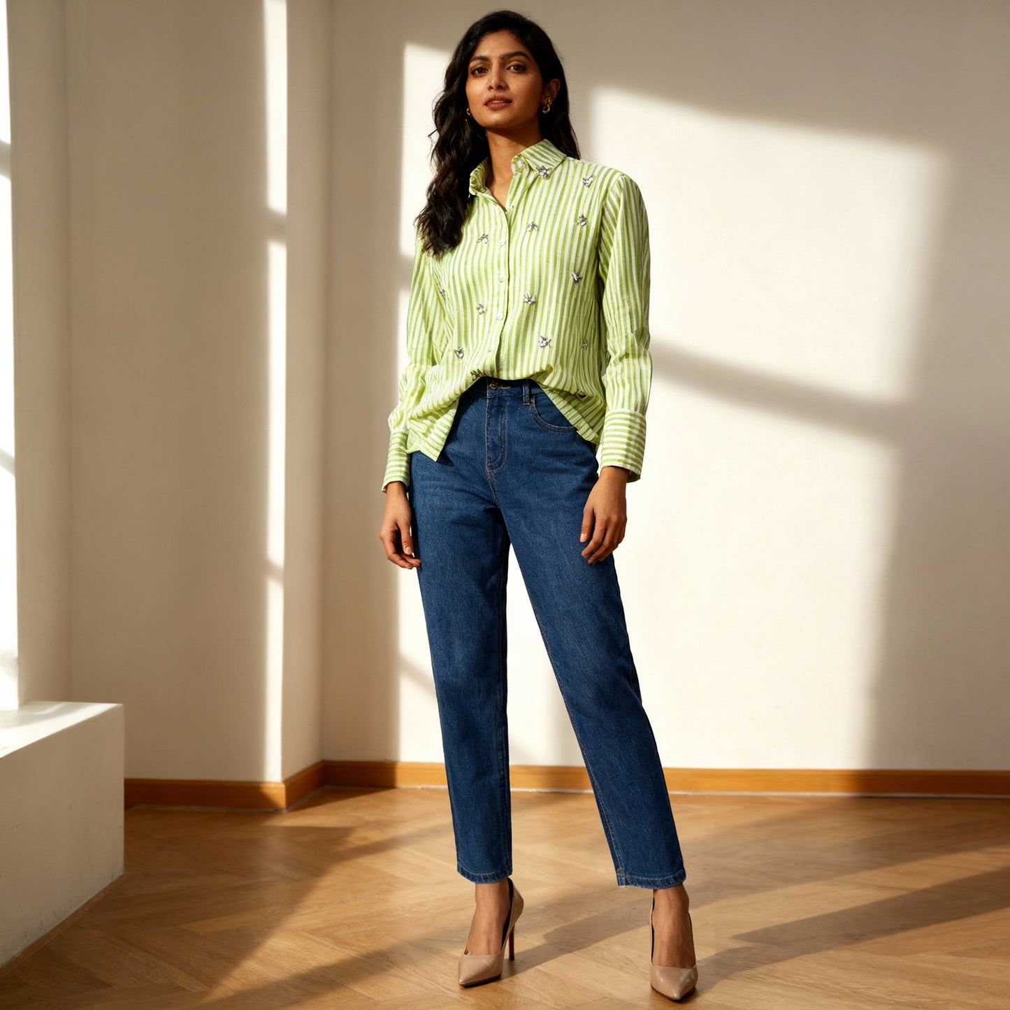 LIGHT GREEN STRIPED EMBELLISHED COTTON SHIRT BESU INDIA