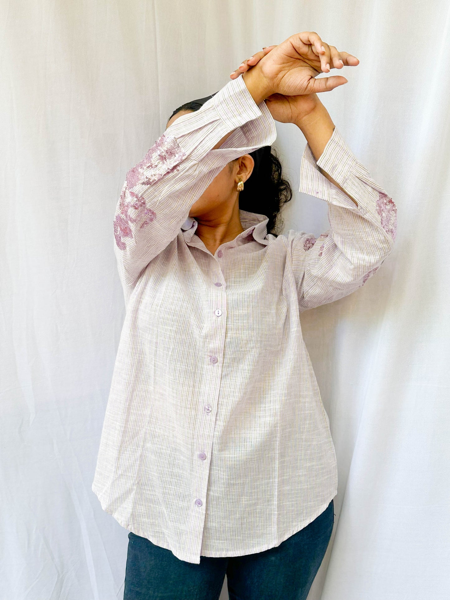 LIGHT LAVENDER STRIPED SHIRT WITH SEQUINS EMBROIDERY BESU INDIA