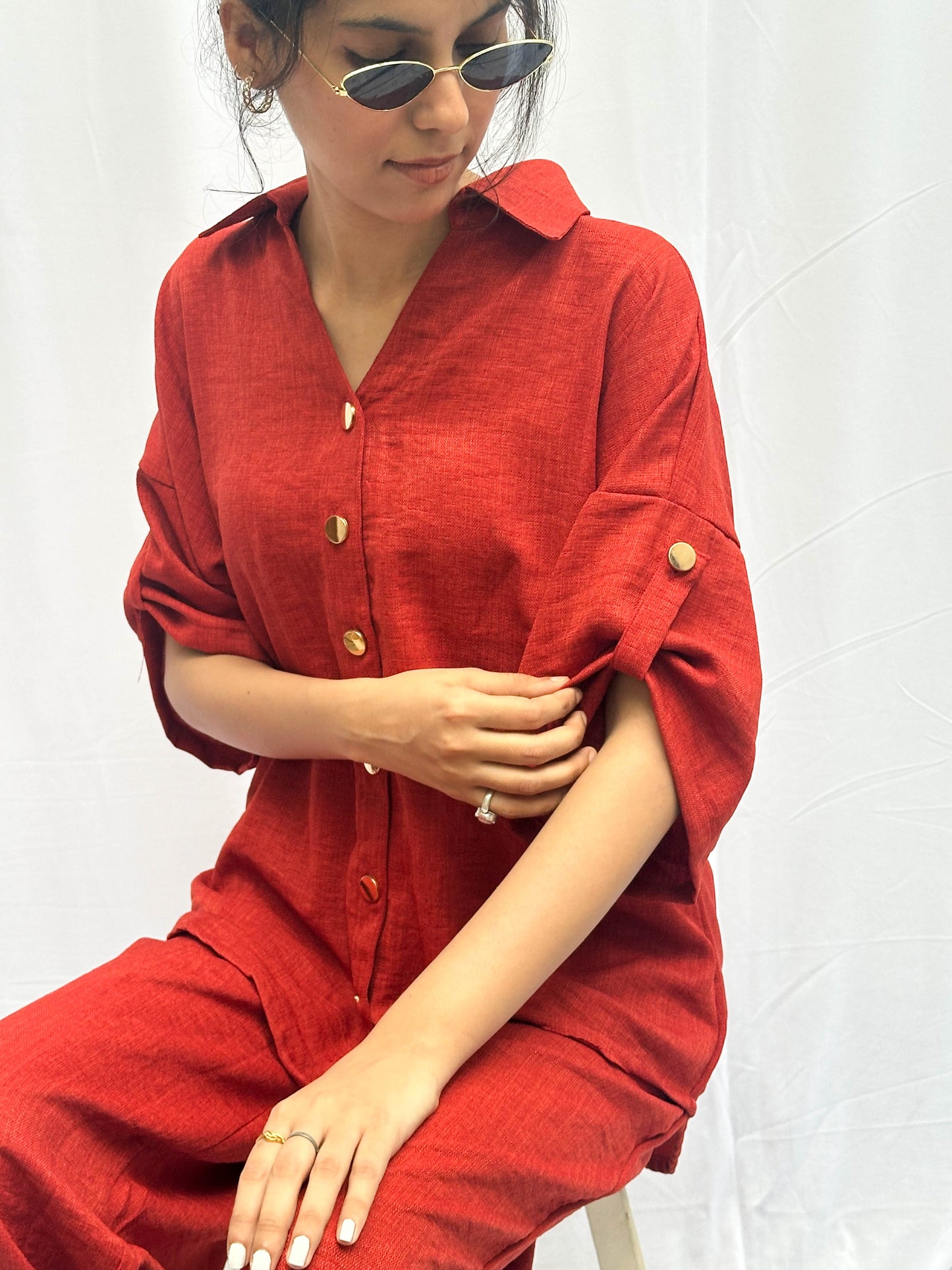 BURNT ORANGE FUN CO-ORDS WITH GOLD BUTTONS BESU INDIA