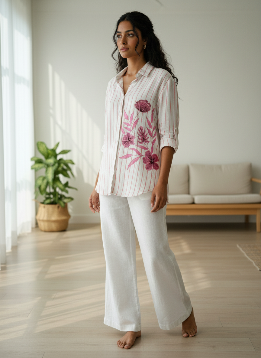 WHITE AND PINK STRIPED SOFT COTTON SHIRT WITH PATCHWORK BESU INDIA