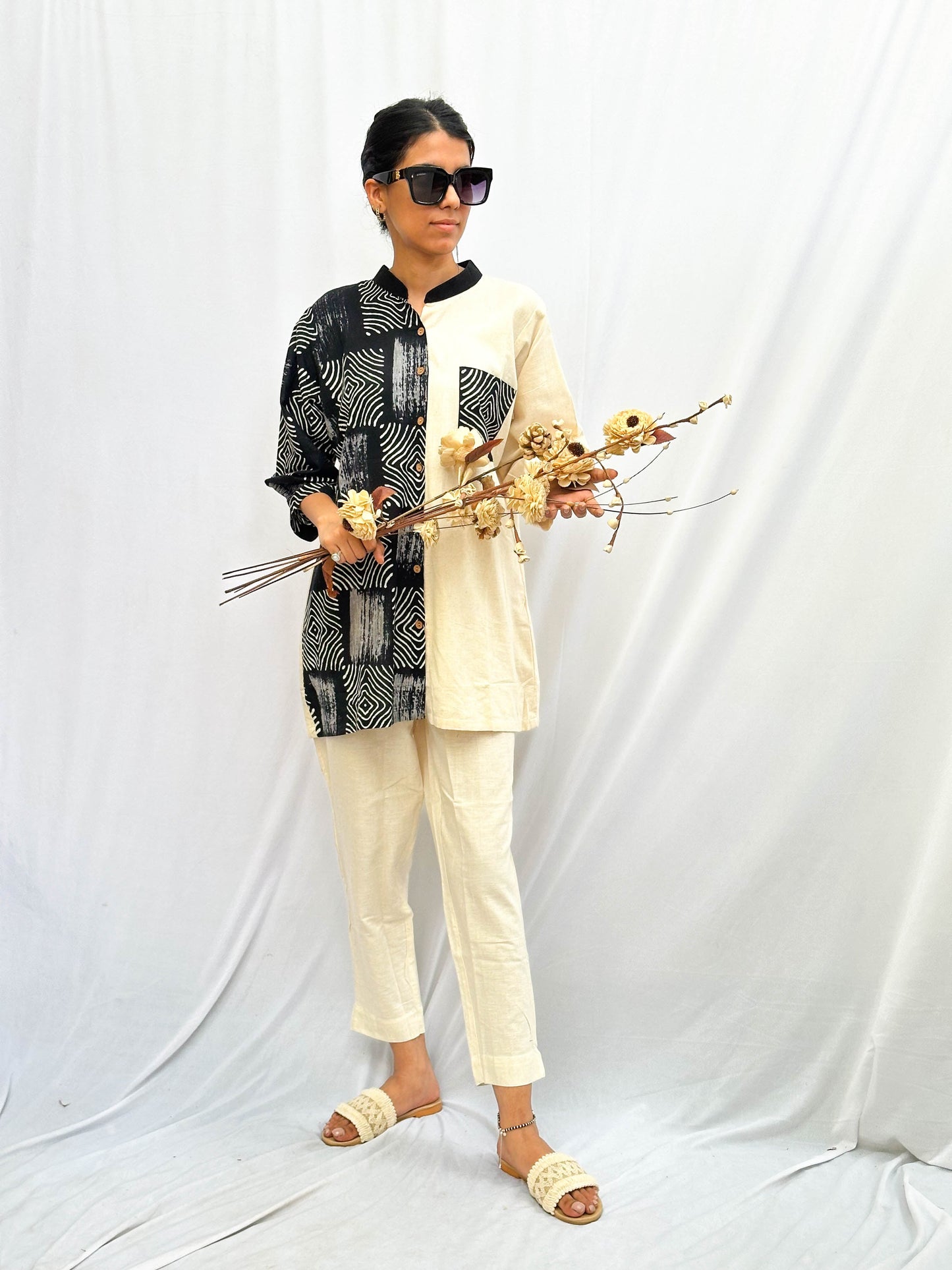 CREAM AND BOX PRINT - HALF & HALF COTTON SHIRT BESU INDIA