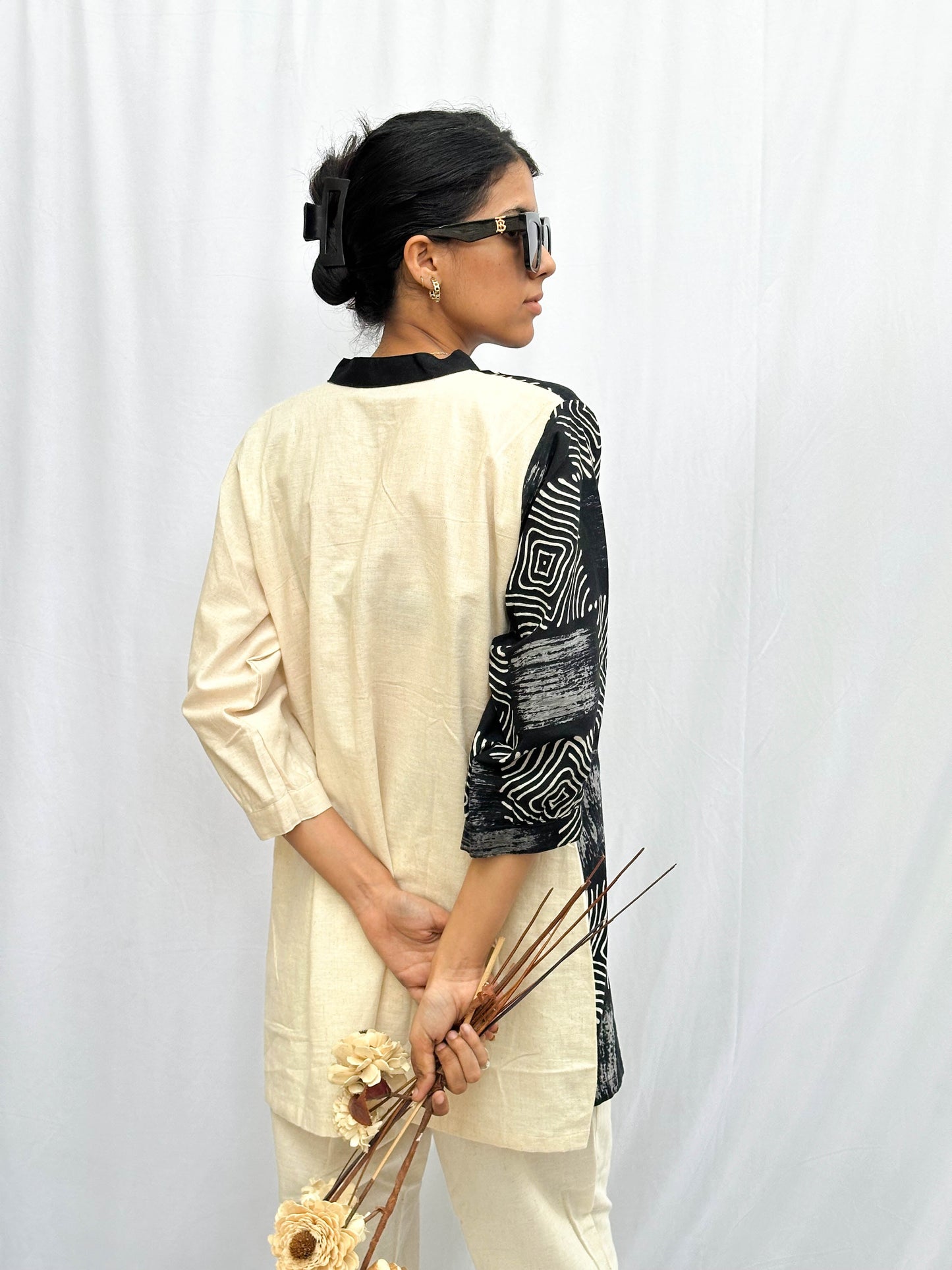 CREAM AND BOX PRINT - HALF & HALF COTTON SHIRT BESU INDIA