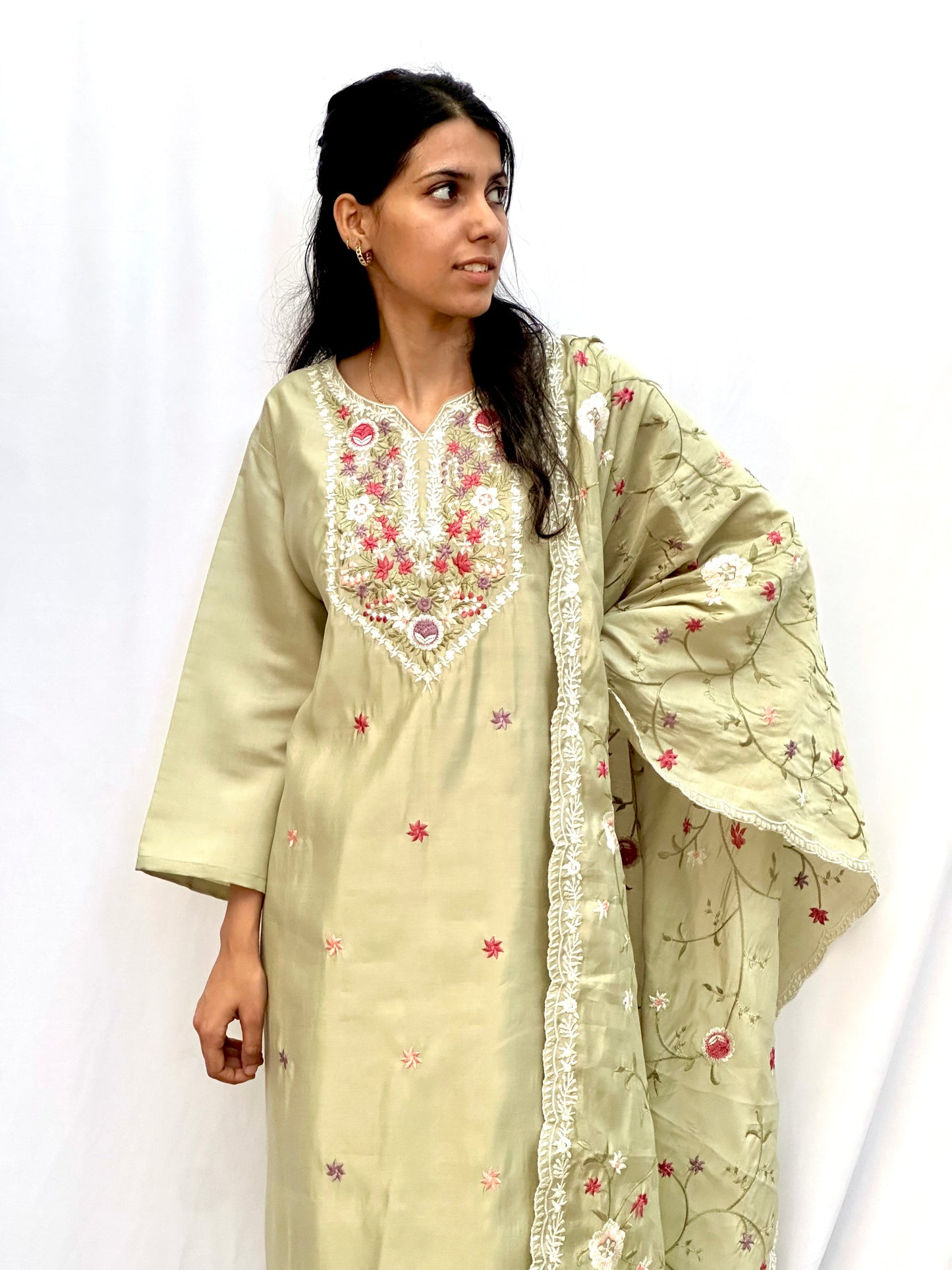 OLIVE GREEN COLOURFUL EMBROIDERED KURTA SET BESU INDIA