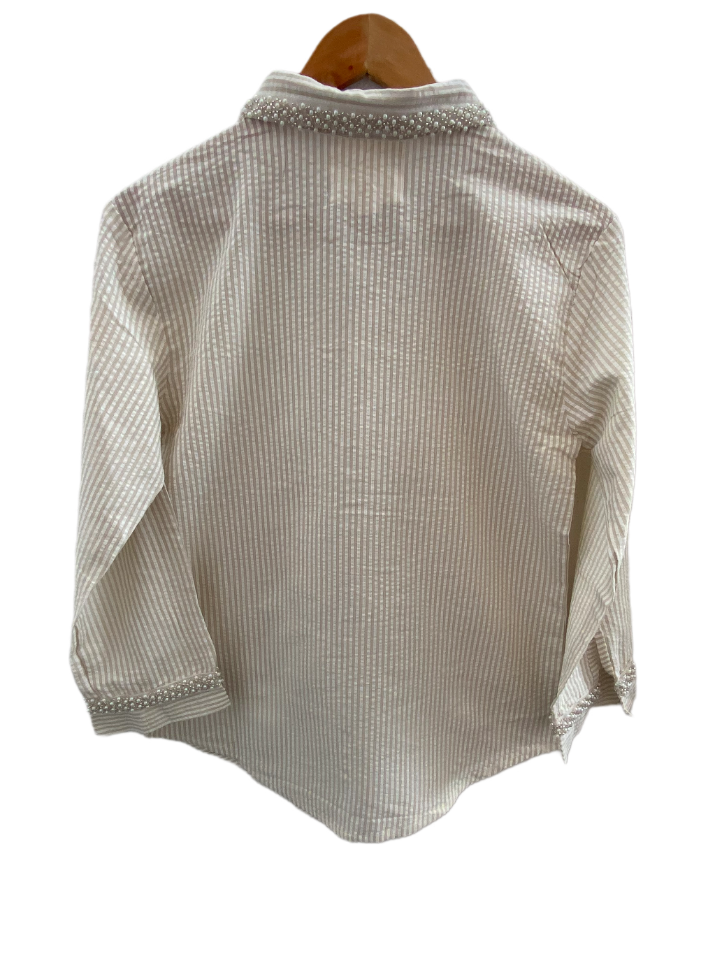BEIGE STRIPED SHIRT WITH EMBROIDERED COLLAR AND CUFFS BESU INDIA