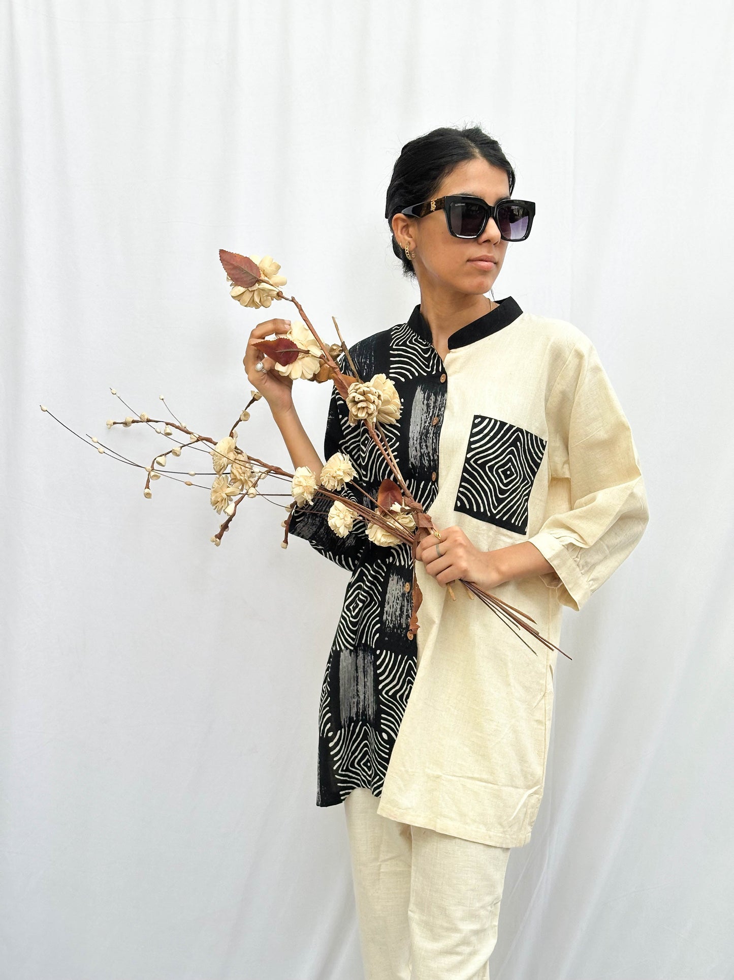 CREAM AND BOX PRINT - HALF & HALF COTTON SHIRT BESU INDIA