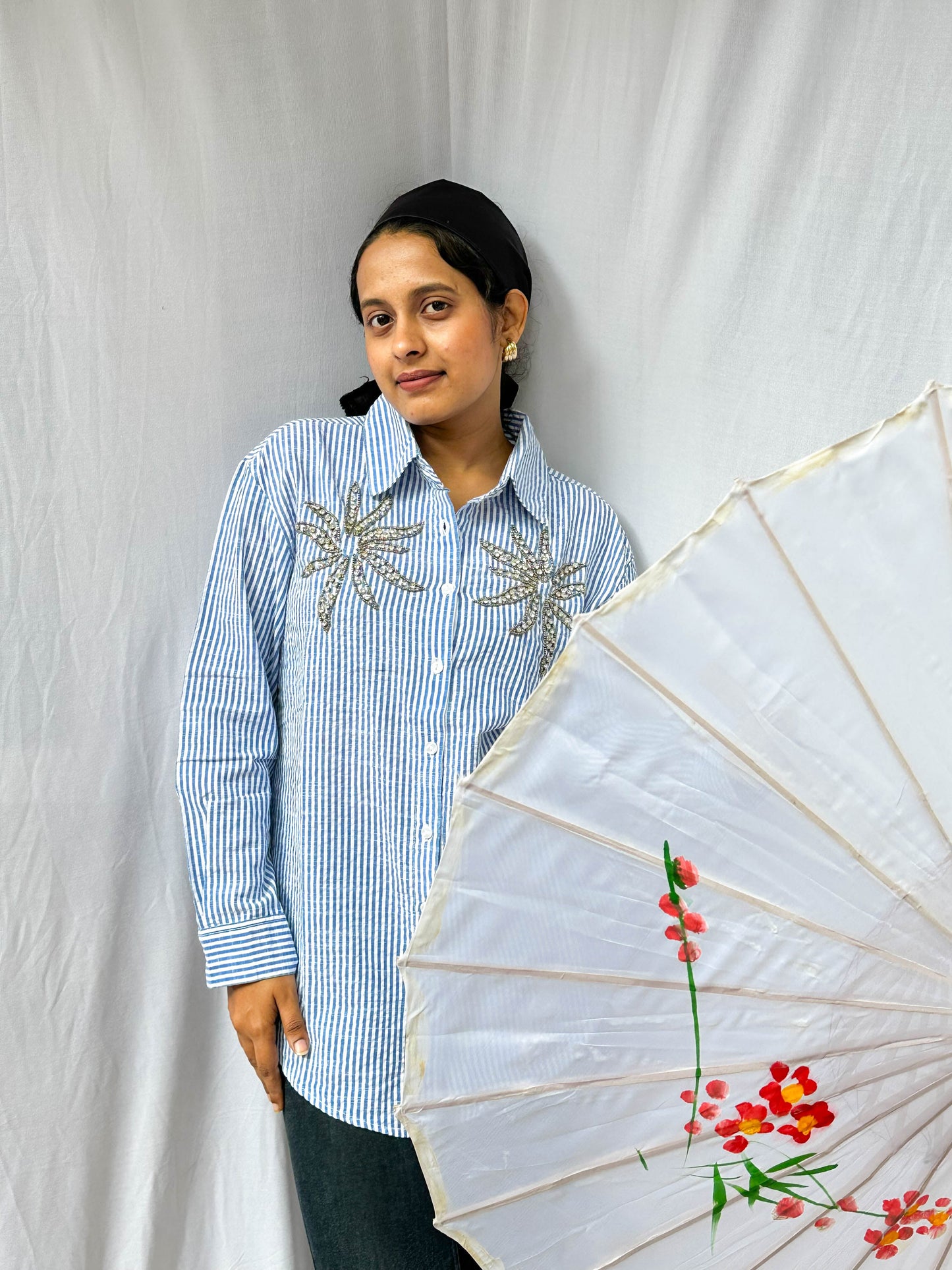 BLUE STRIPED SHIRT WITH HAND EMBELLISHMENTS COTTON SHIRT BESU INDIA