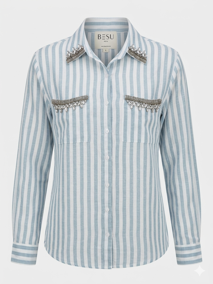 BLUE AND WHITE STRIPED SHIRT WITH EMBELLISHMENTS BESU INDIA
