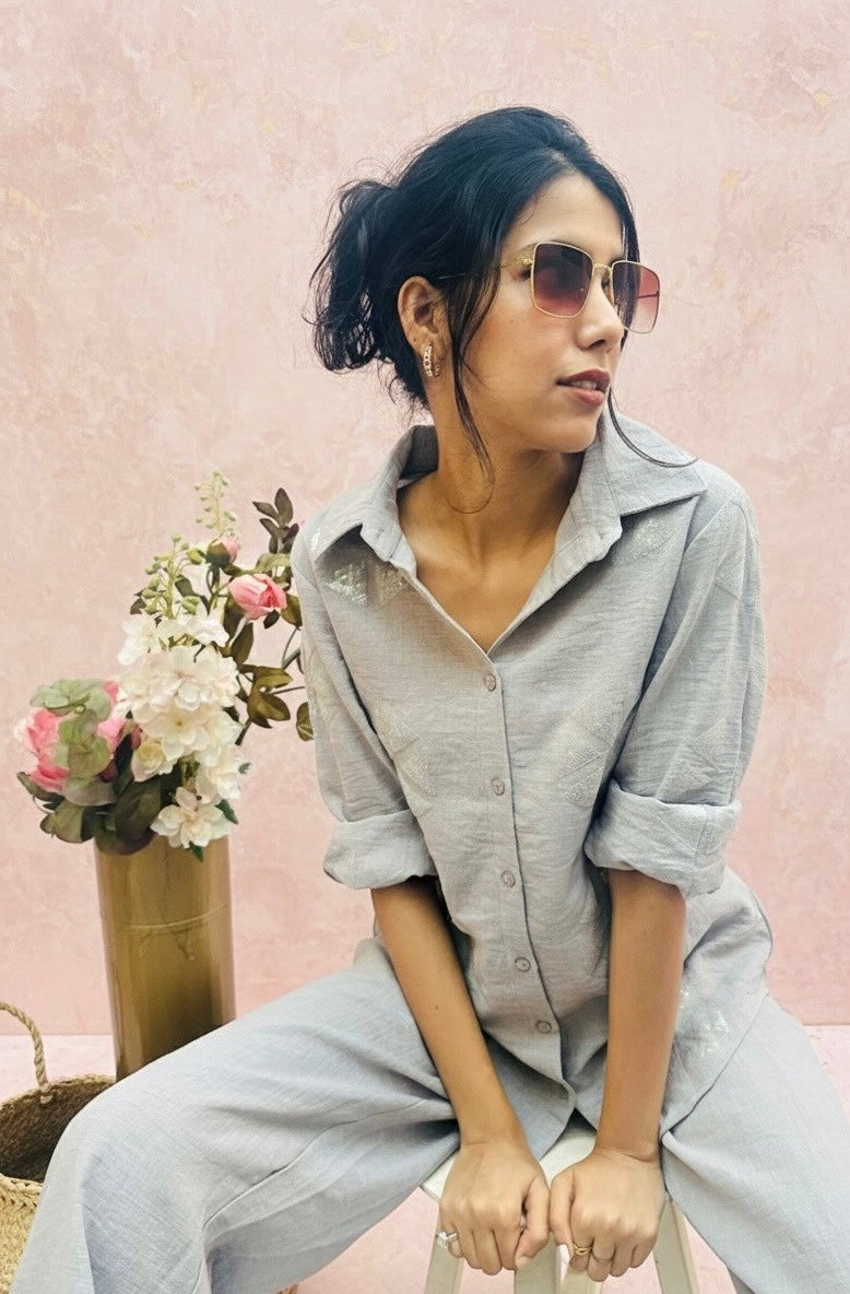 ACTOR DHANYA RAMKUMAR IN OUR SEQUIN EMBROIDERED LINEN SET BESU INDIA