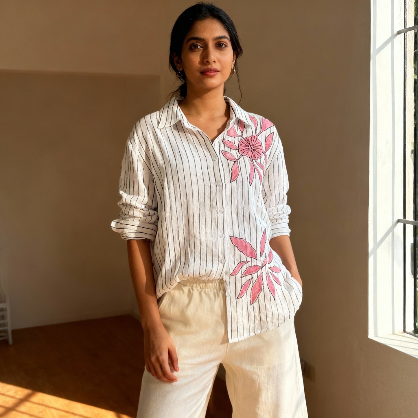 BLACK AND WHITE STRIPED COTTON SHIRT WITH PATCHWORK BESU INDIA