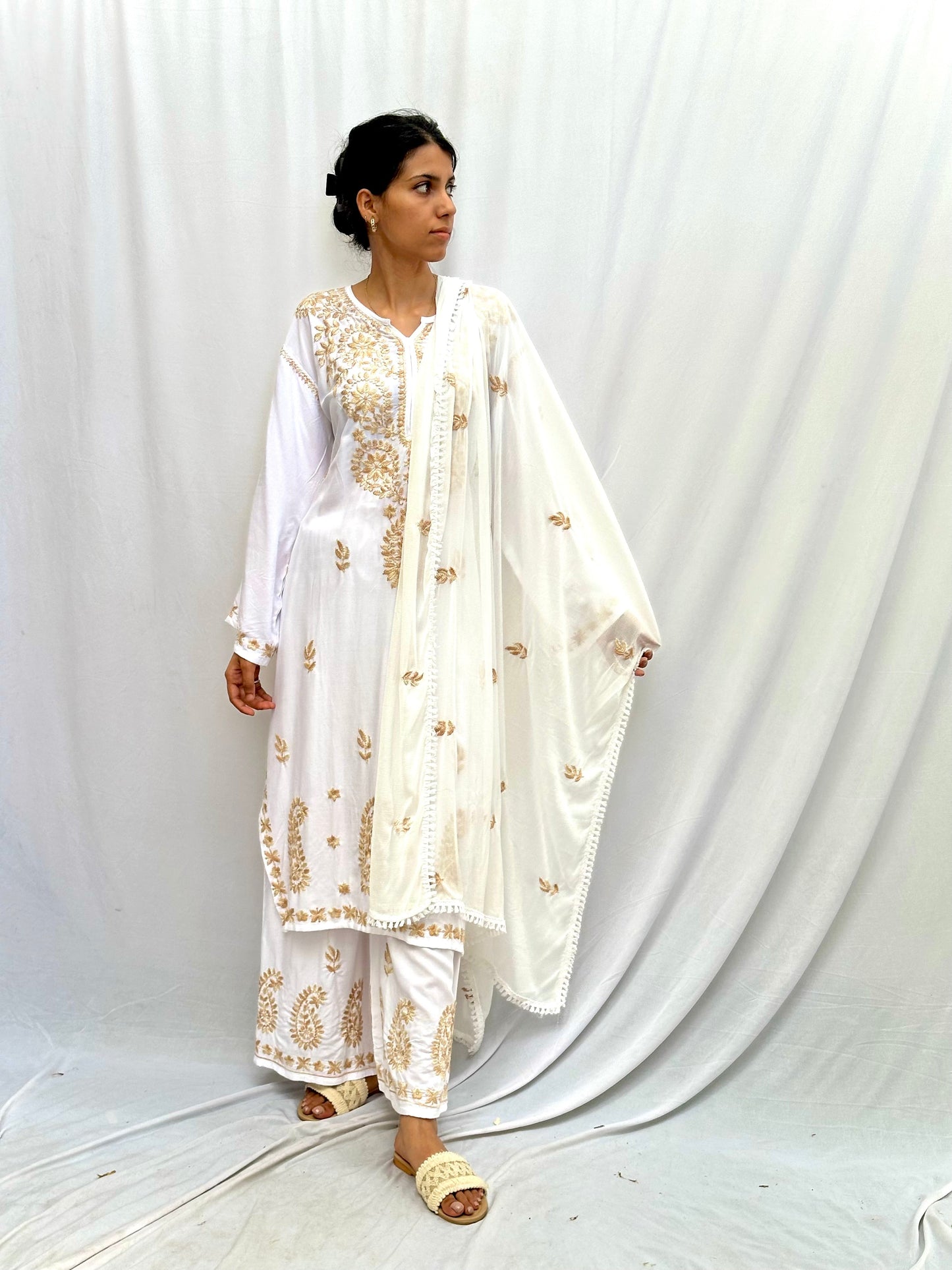 BEIGE AND WHITE CHIKANKARI FULL SET BESU INDIA