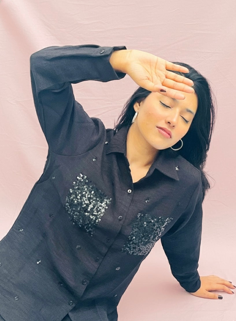 BLACK LINEN CO-ORDS WITH SEQUINS POCKETS BESU INDIA
