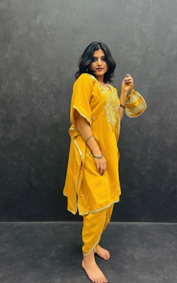 MUSTARD KAFTAN SET WITH A SMALL BAG BESU INDIA