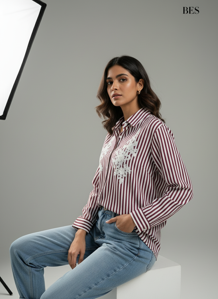 MAROON AND LIGHT PINK STRIPED SHIRT WITH EMBROIDERED PATCH WORK BESU INDIA