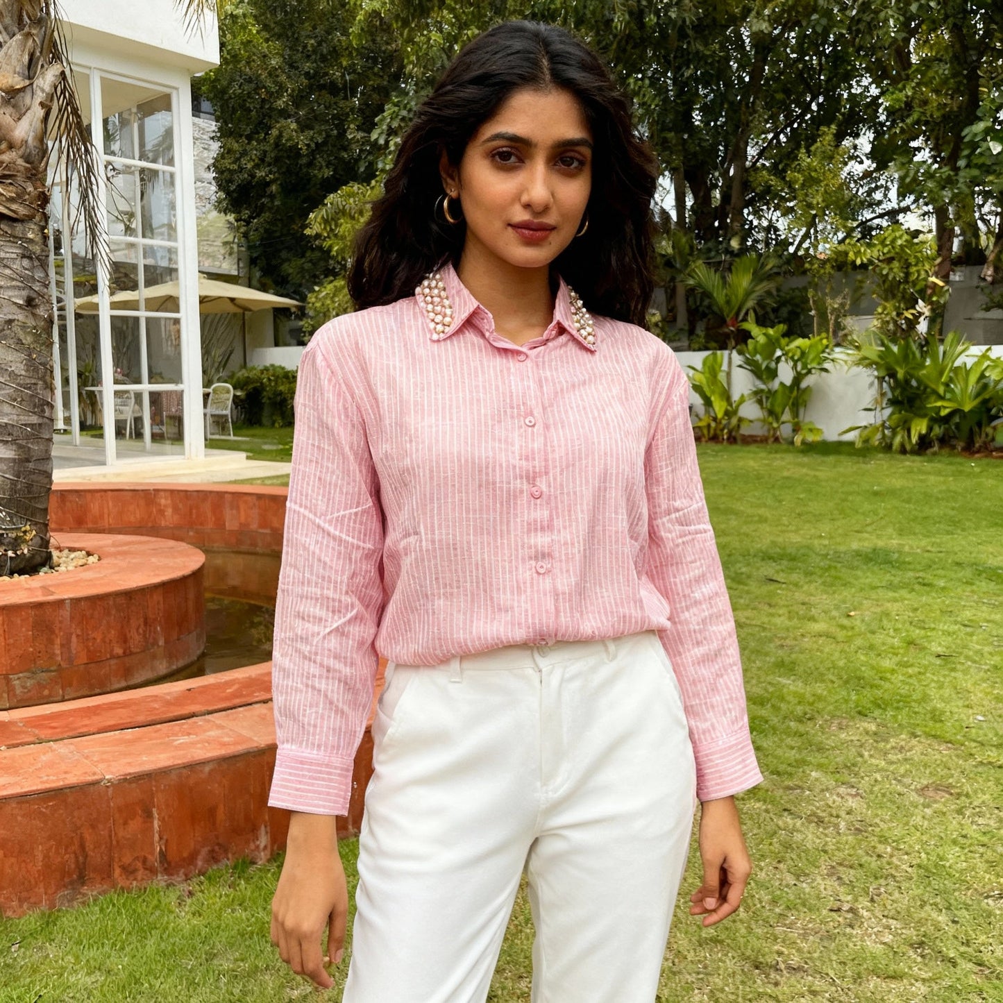 LIGHT PINK STRIPED SHIRT WITH EMBROIDERED COLLAR BESU INDIA