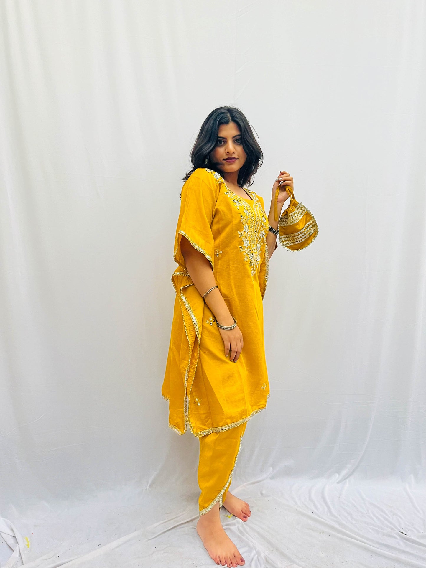 MUSTARD KAFTAN SET WITH A SMALL BAG BESU INDIA