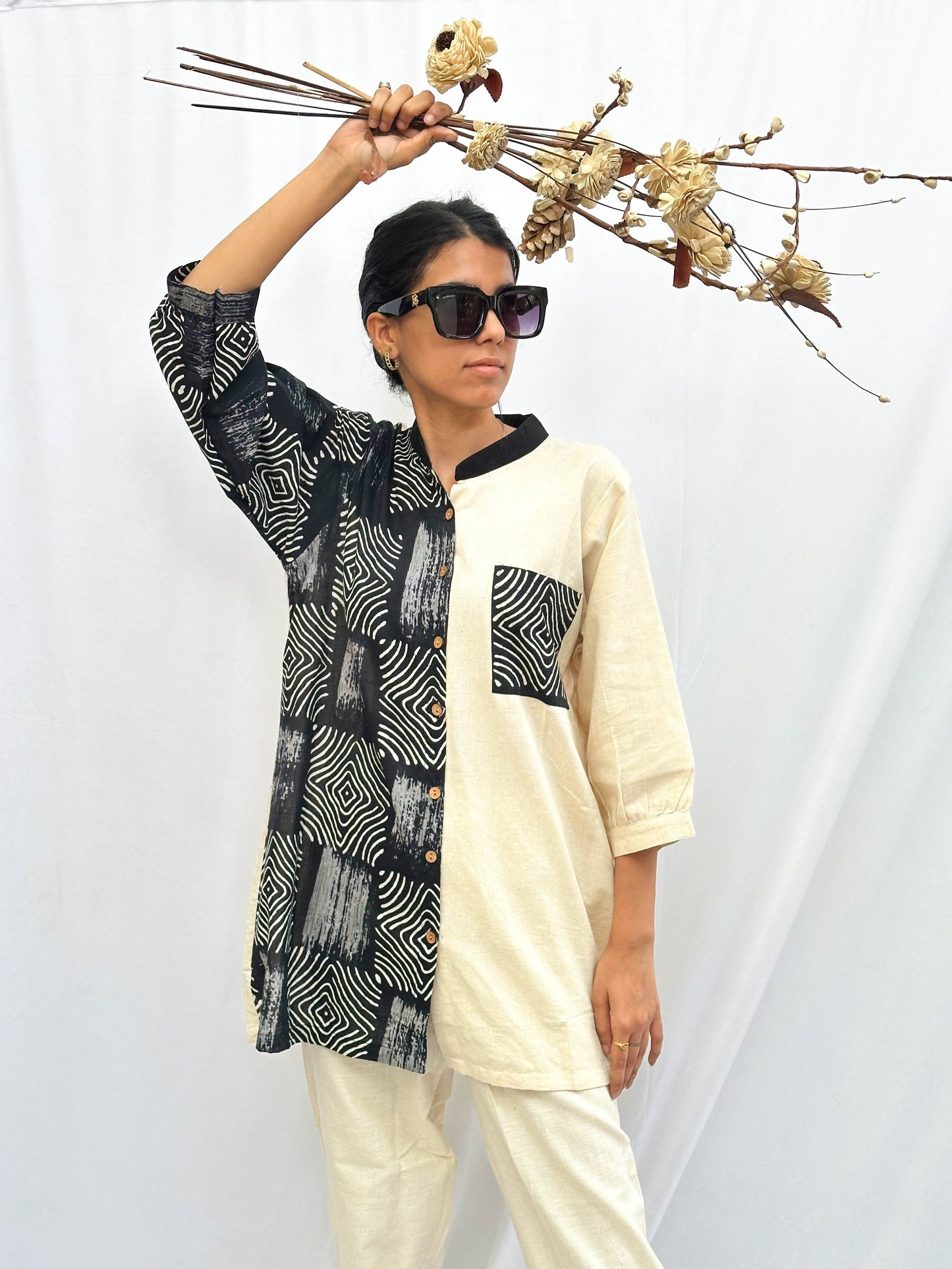 CREAM AND BOX PRINT - HALF & HALF COTTON SHIRT BESU INDIA