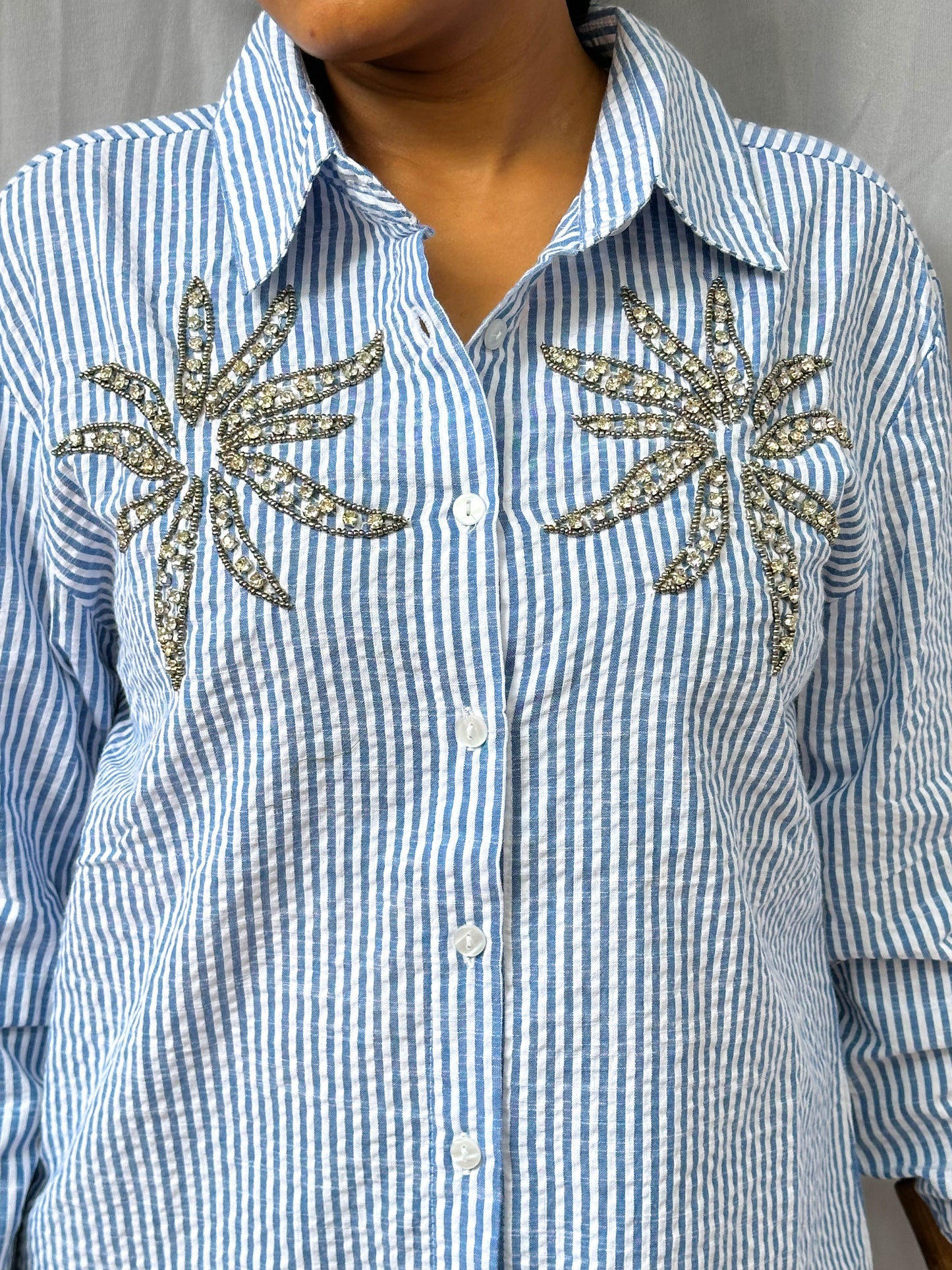 BLUE STRIPED SHIRT WITH HAND EMBELLISHMENTS COTTON SHIRT BESU INDIA