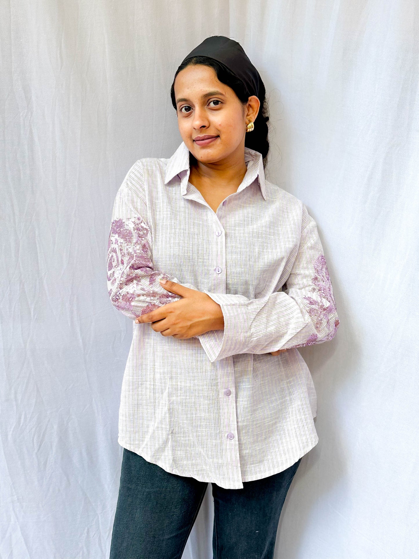 LIGHT LAVENDER STRIPED SHIRT WITH SEQUINS EMBROIDERY BESU INDIA