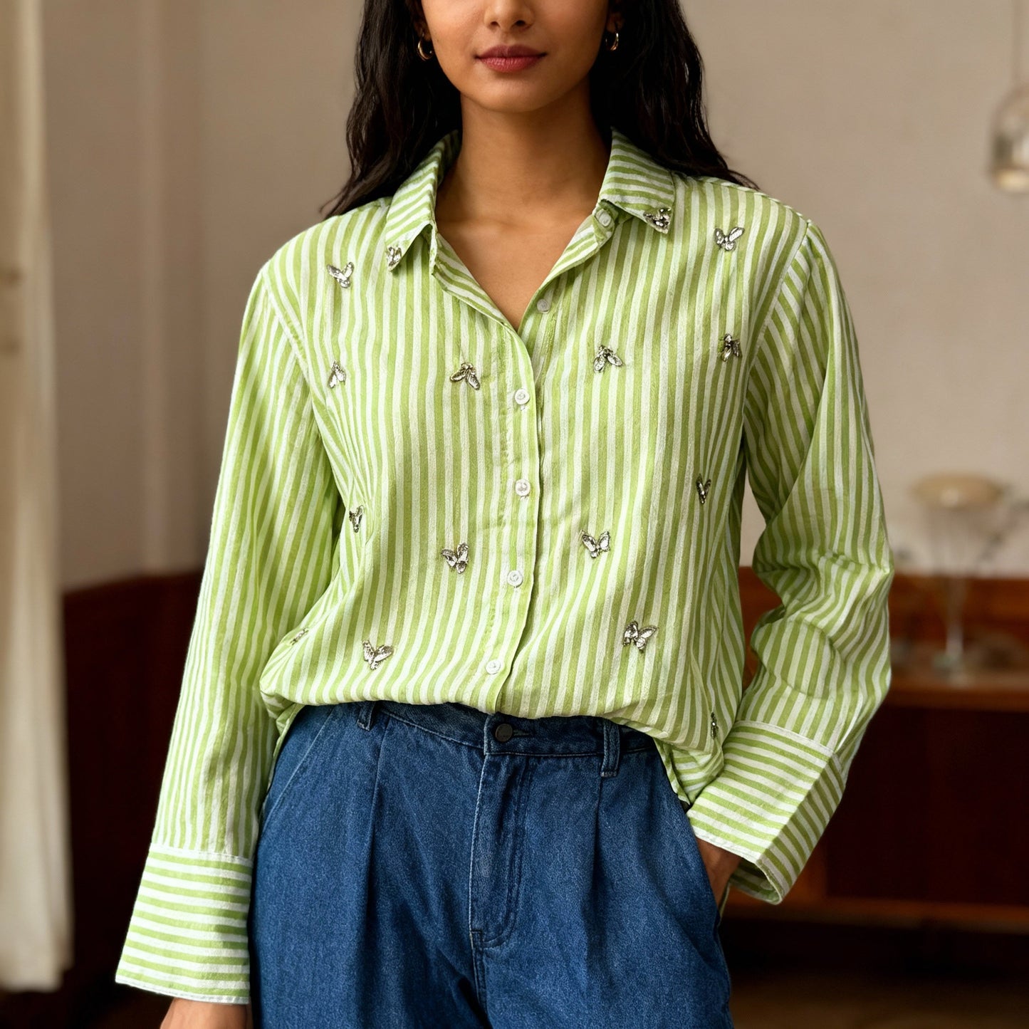 LIGHT GREEN STRIPED EMBELLISHED COTTON SHIRT BESU INDIA