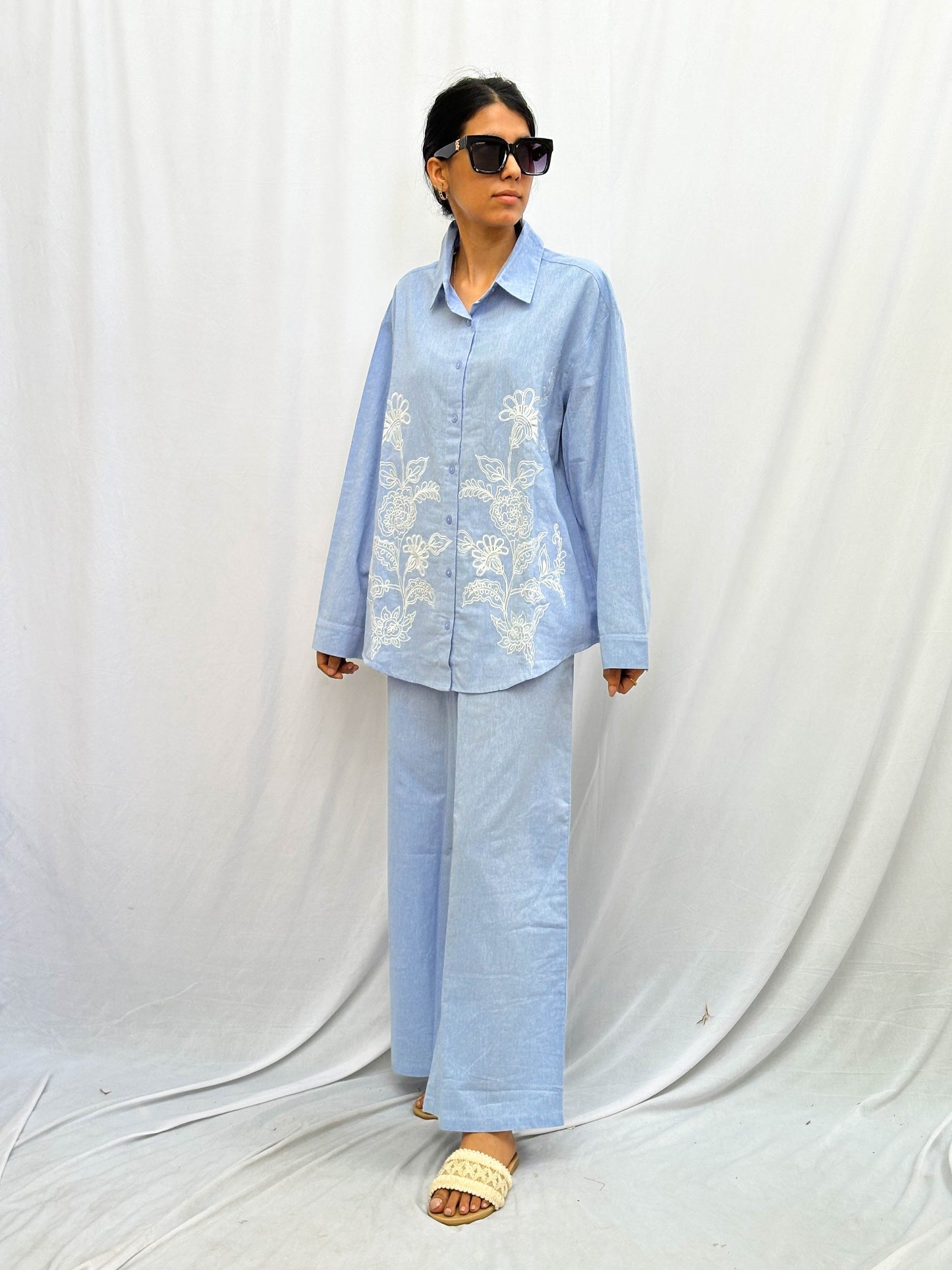 LIGHT BLUE LINEN CO-ORDS WITH WHITE THREAD EMBROIDERY BESU INDIA