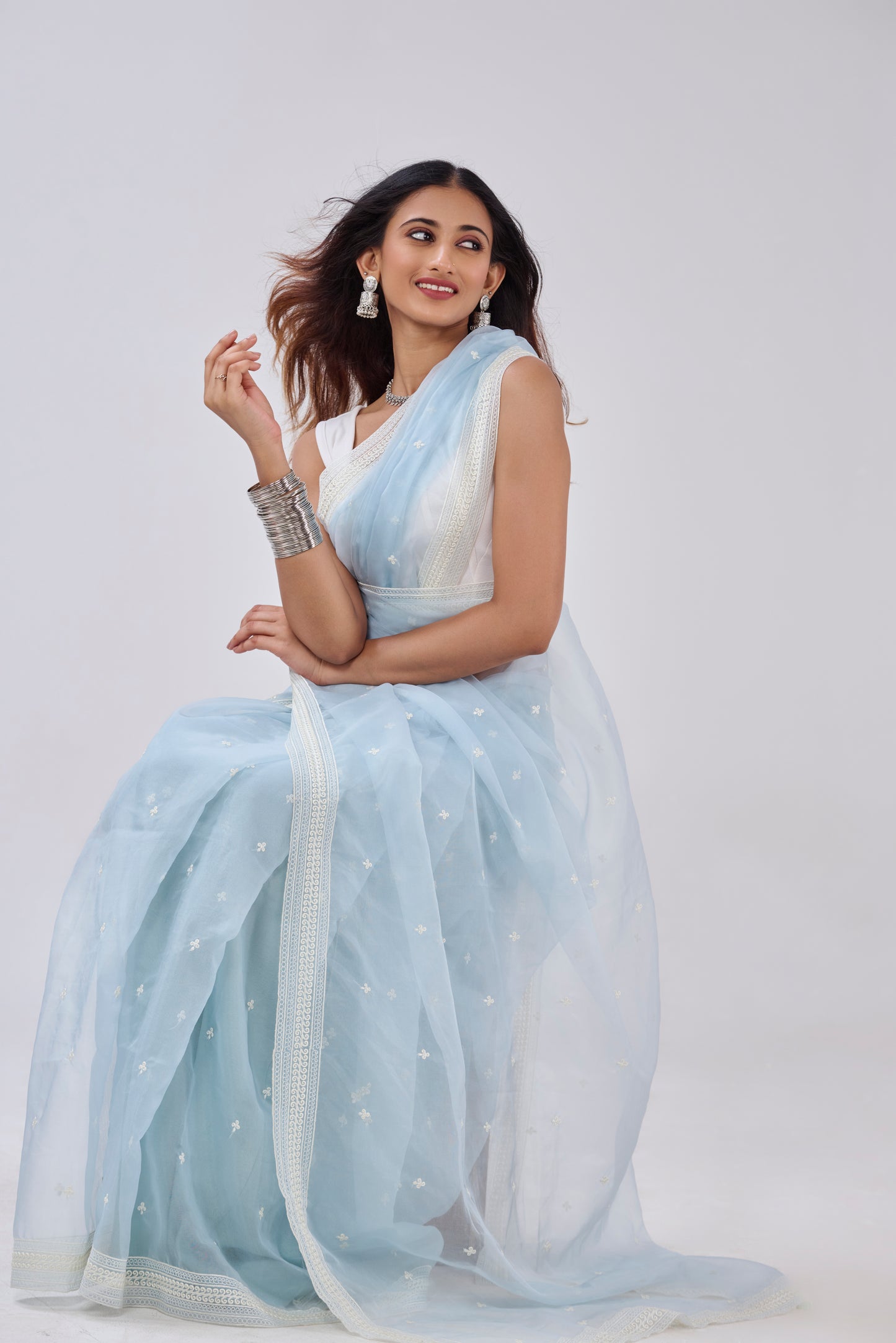 ICE BLUE THREAD EMBROIDERED ORGANZA SAREE BESU INDIA
