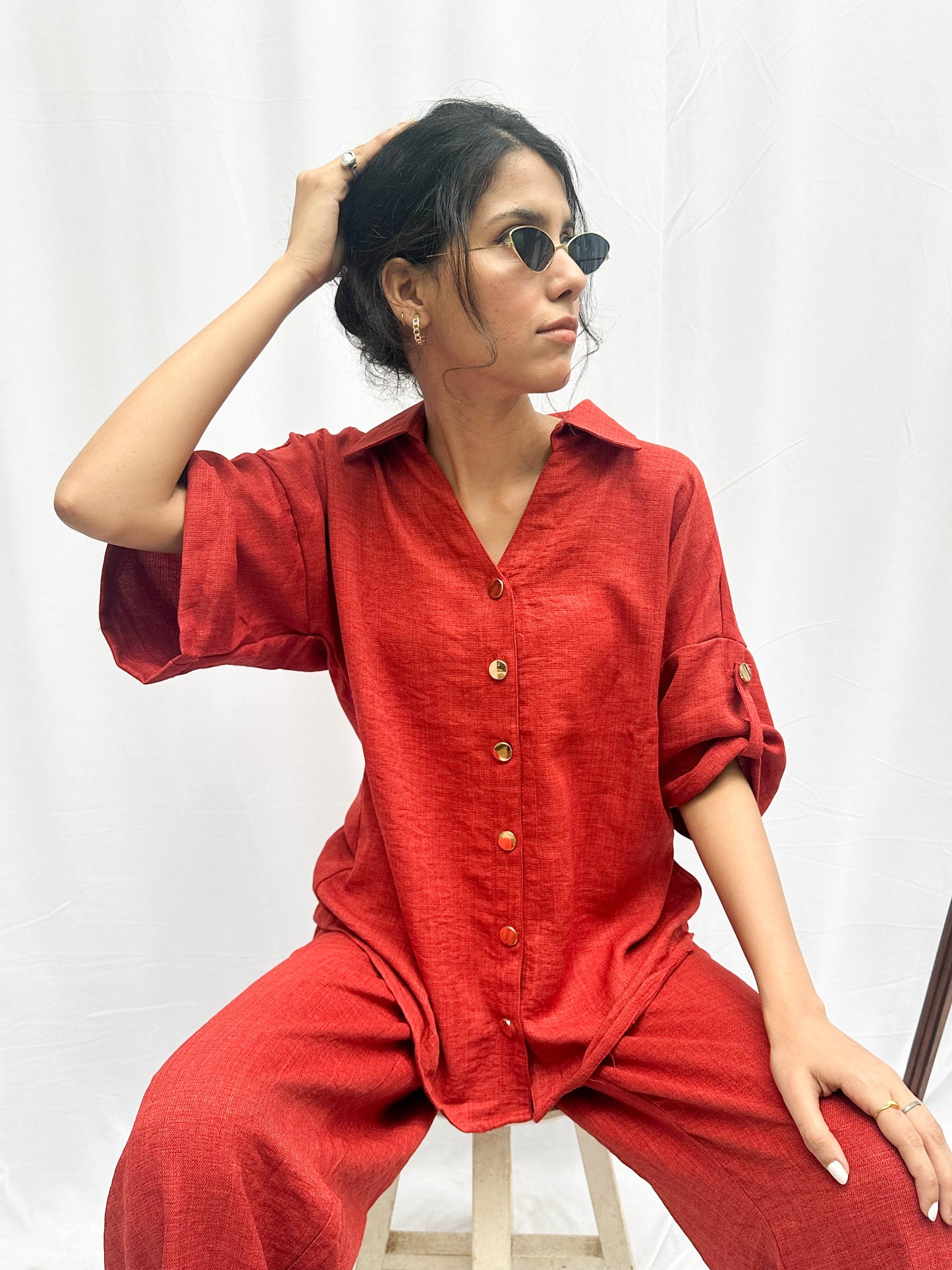 BURNT ORANGE FUN CO-ORDS WITH GOLD BUTTONS BESU INDIA