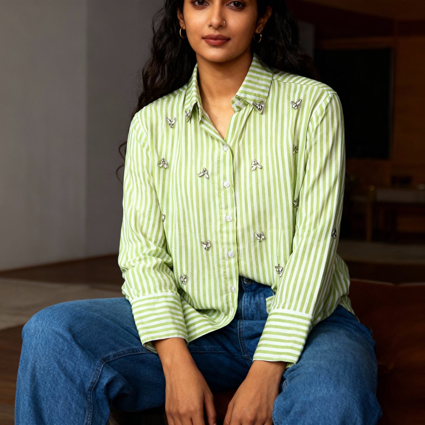 LIGHT GREEN STRIPED EMBELLISHED COTTON SHIRT BESU INDIA