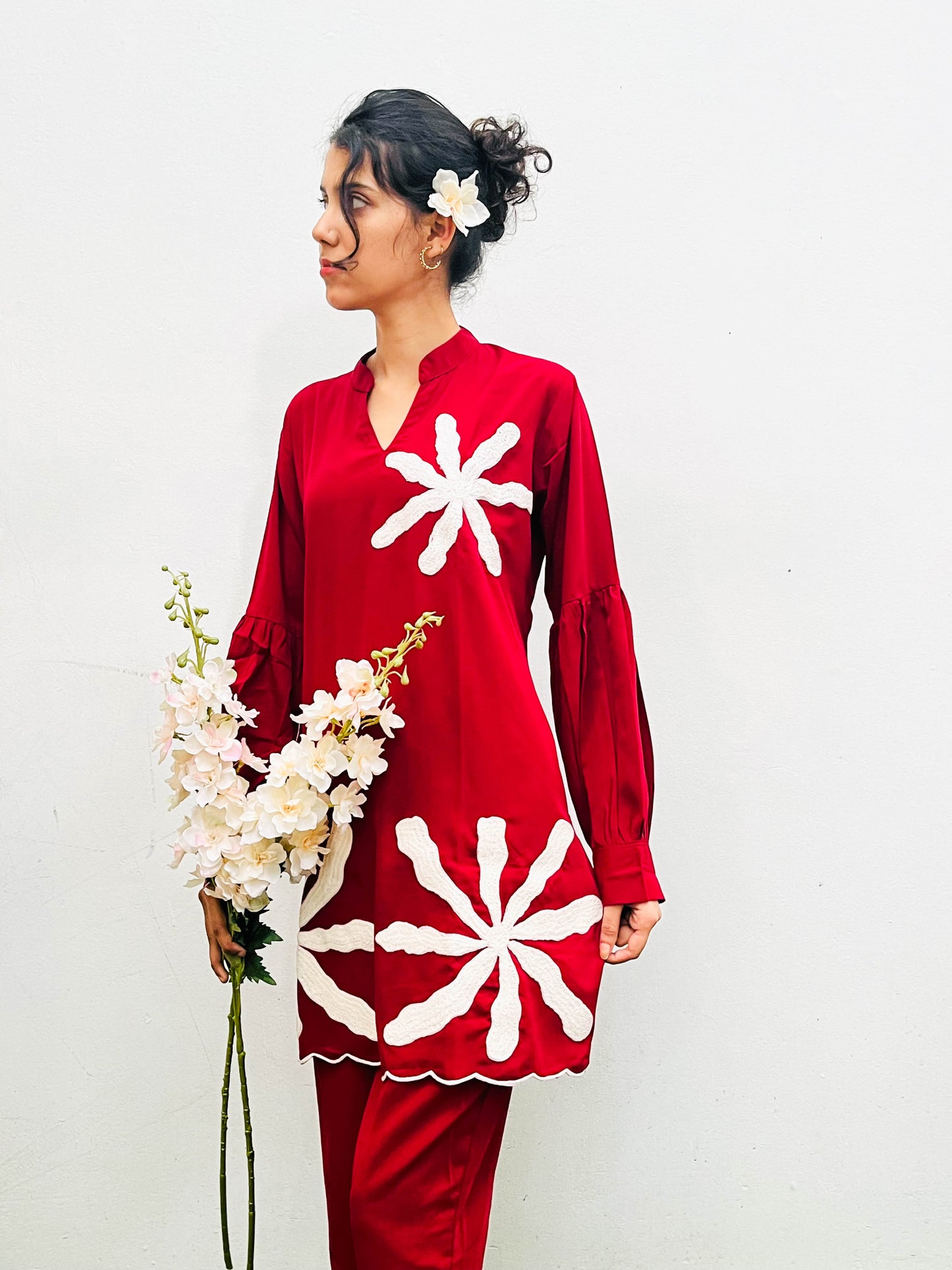 DARK RED MOTIF EMBROIDERED CREPE CO-ORD SET BESU INDIA
