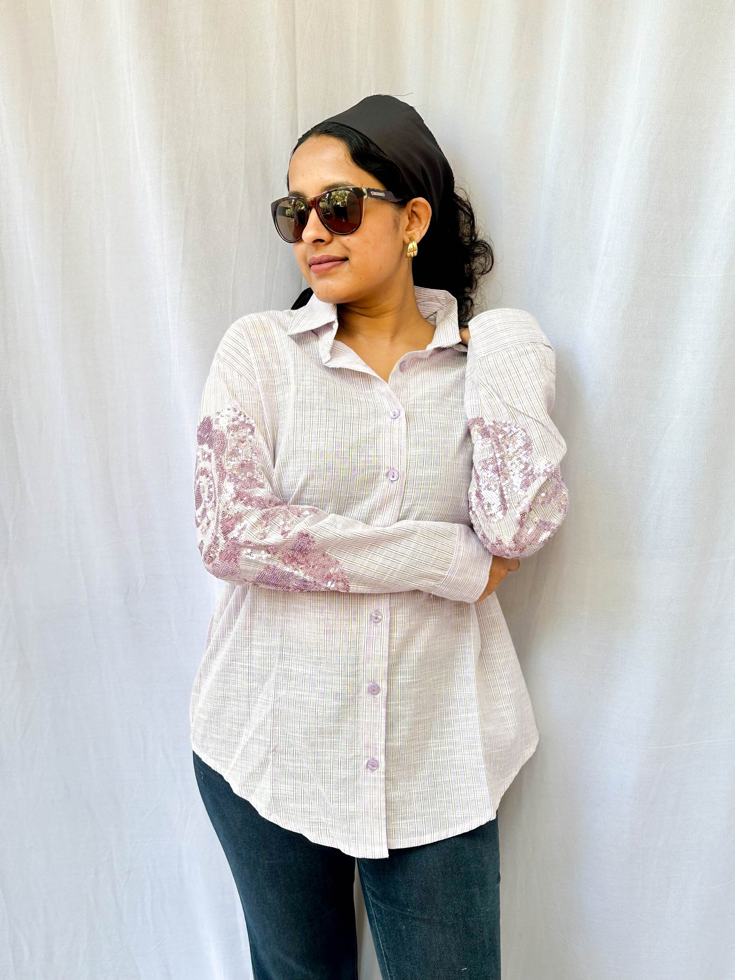 LIGHT LAVENDER STRIPED SHIRT WITH SEQUINS EMBROIDERY BESU INDIA