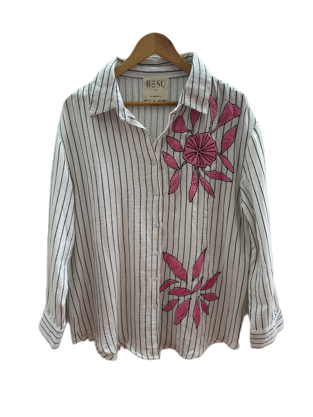 BLACK AND WHITE STRIPED COTTON SHIRT WITH PATCHWORK BESU INDIA