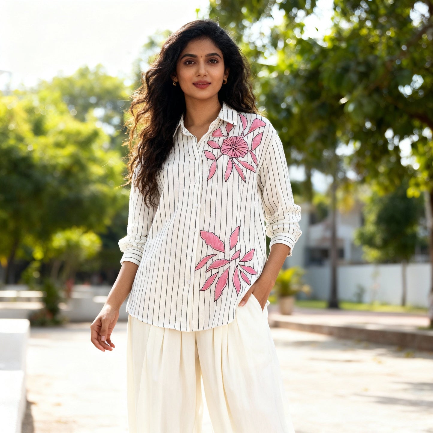 BLACK AND WHITE STRIPED COTTON SHIRT WITH PATCHWORK BESU INDIA
