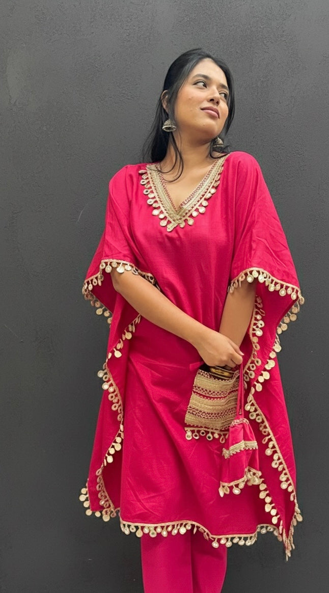 PINK MIRROR WORK KAFTAN WITH STRAIGHT PANTS AND BAG BESU INDIA