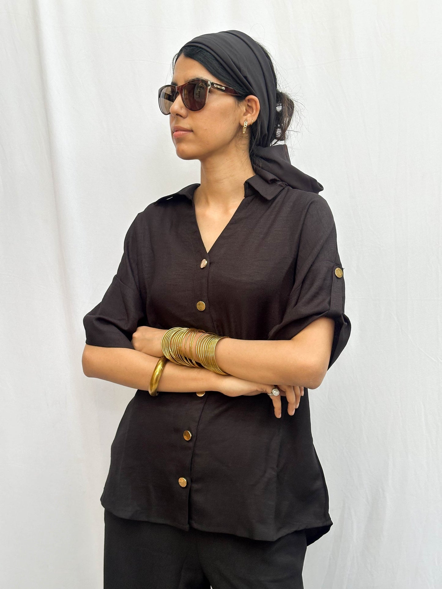Black Cotton Co-Ord with Signature Gold Buttons BESU INDIA