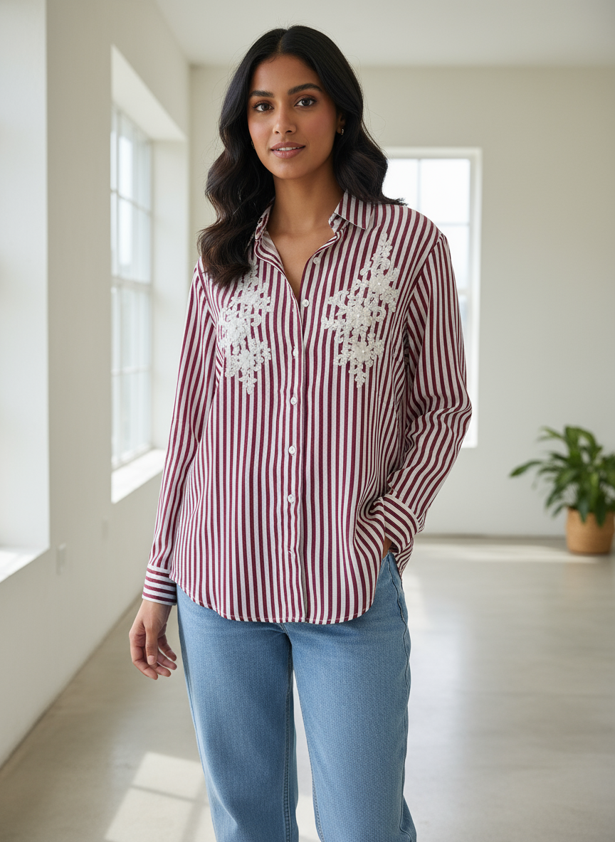 MAROON AND LIGHT PINK STRIPED SHIRT WITH EMBROIDERED PATCH WORK BESU INDIA