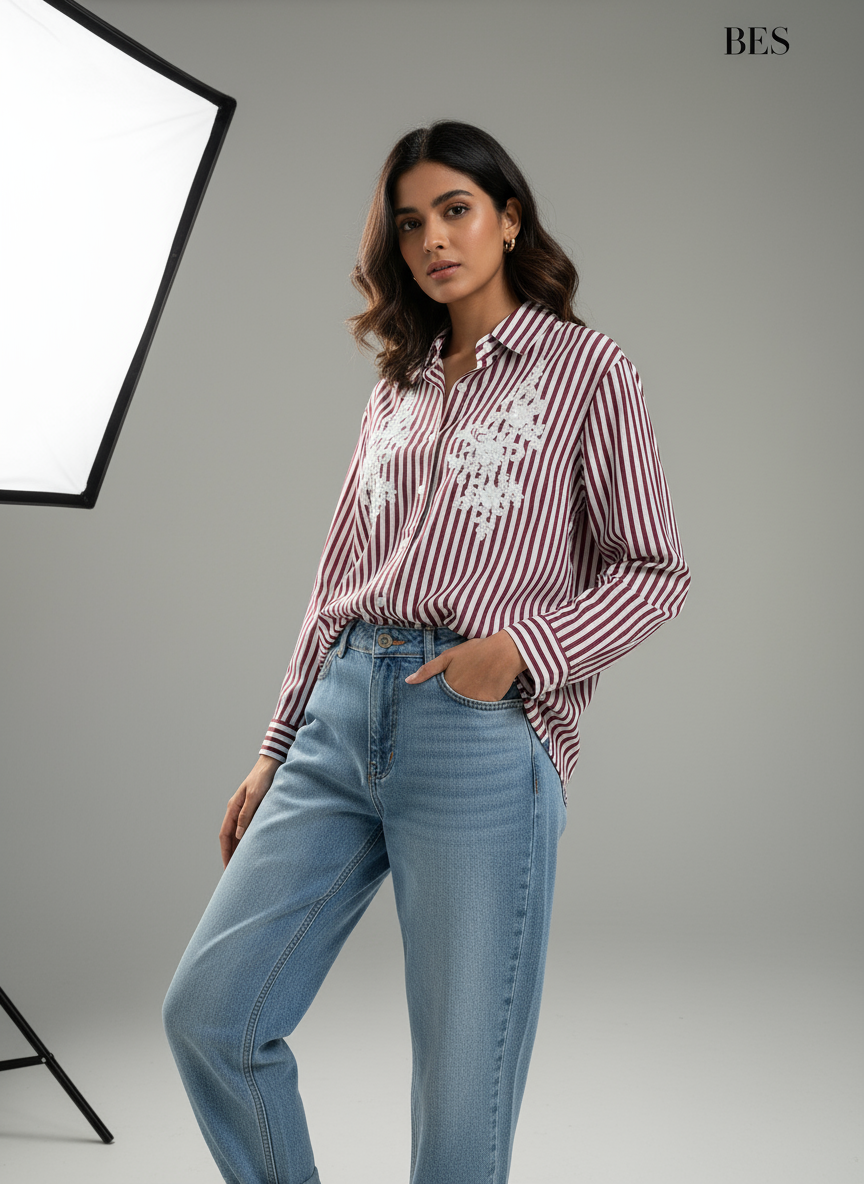 MAROON AND LIGHT PINK STRIPED SHIRT WITH EMBROIDERED PATCH WORK BESU INDIA