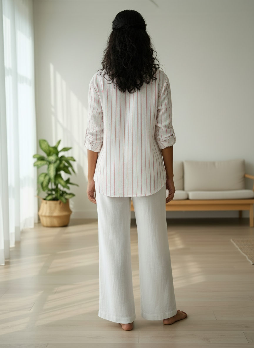 WHITE AND PINK STRIPED SOFT COTTON SHIRT WITH PATCHWORK BESU INDIA
