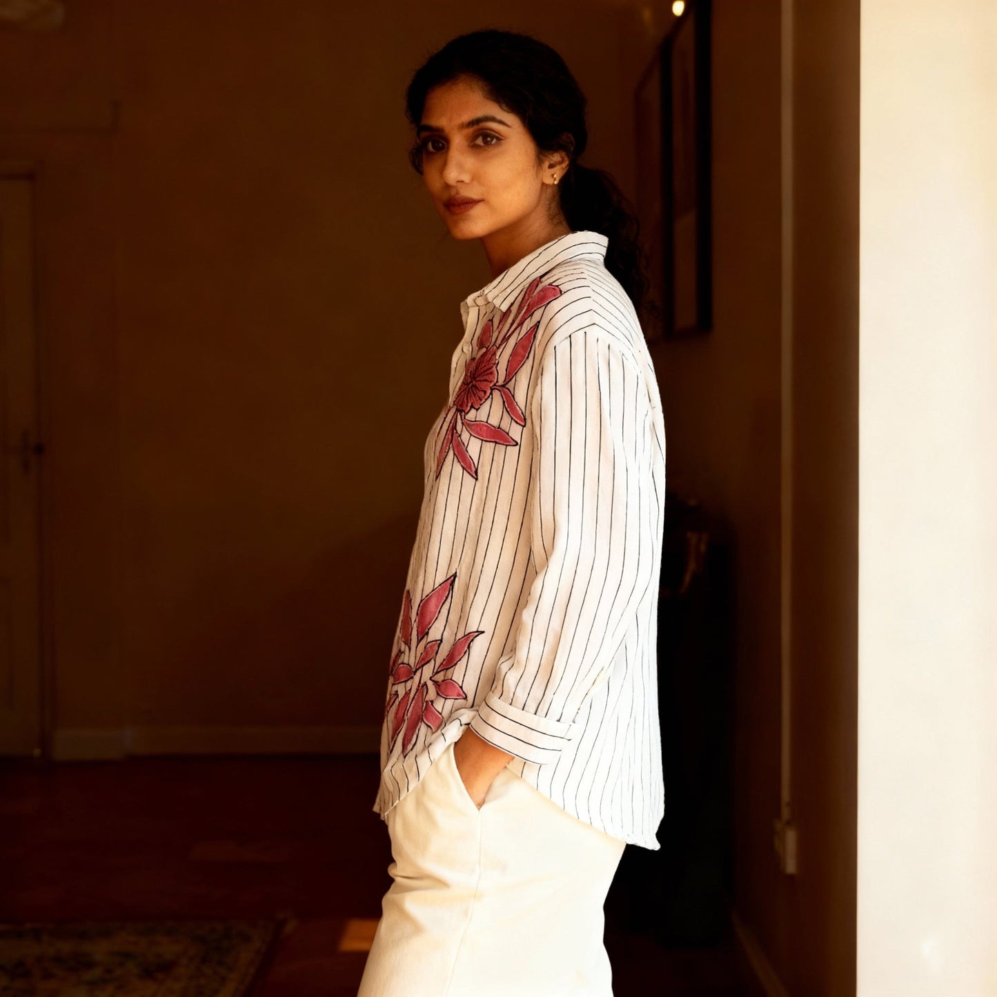 BLACK AND WHITE STRIPED COTTON SHIRT WITH PATCHWORK BESU INDIA