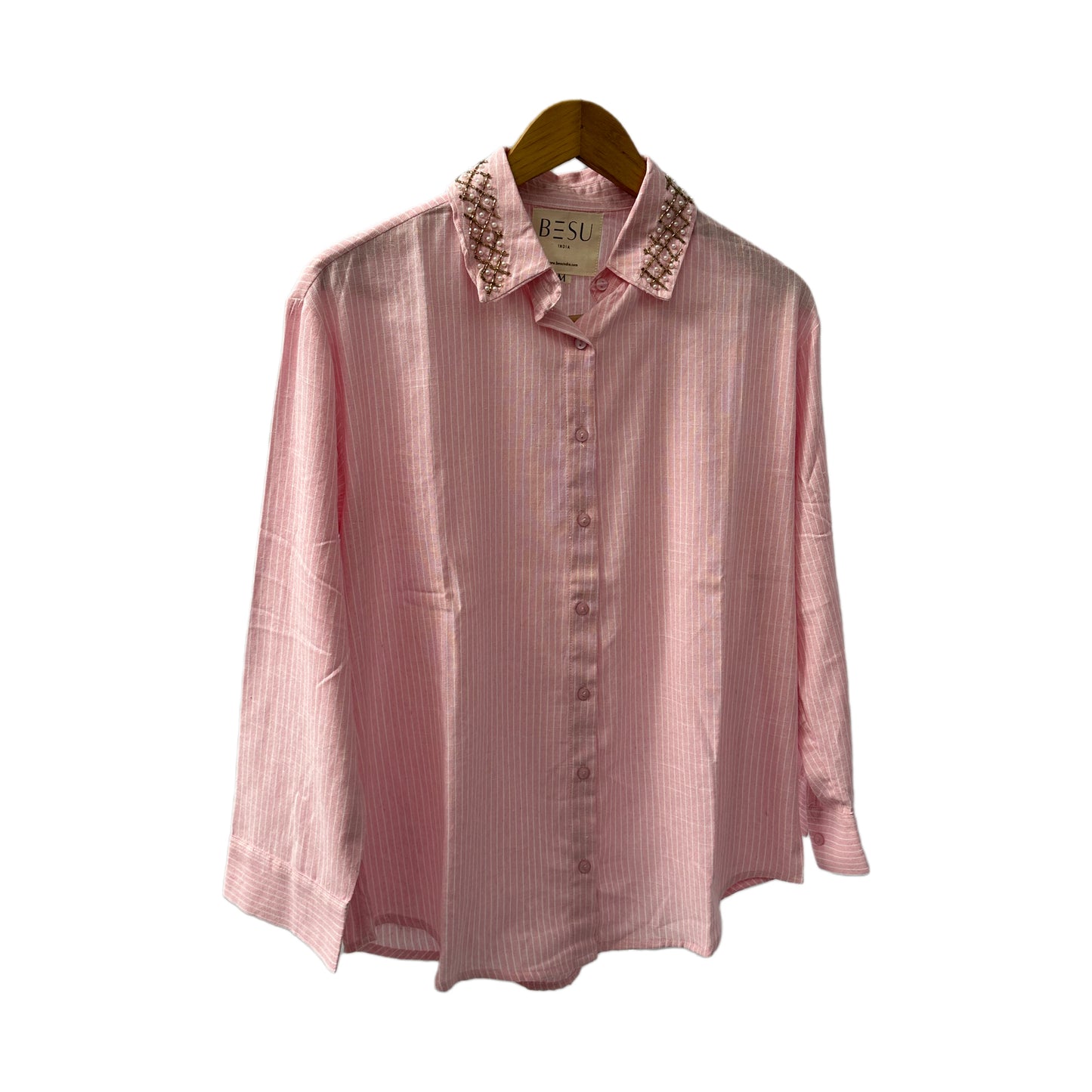 LIGHT PINK STRIPED SHIRT WITH EMBROIDERED COLLAR