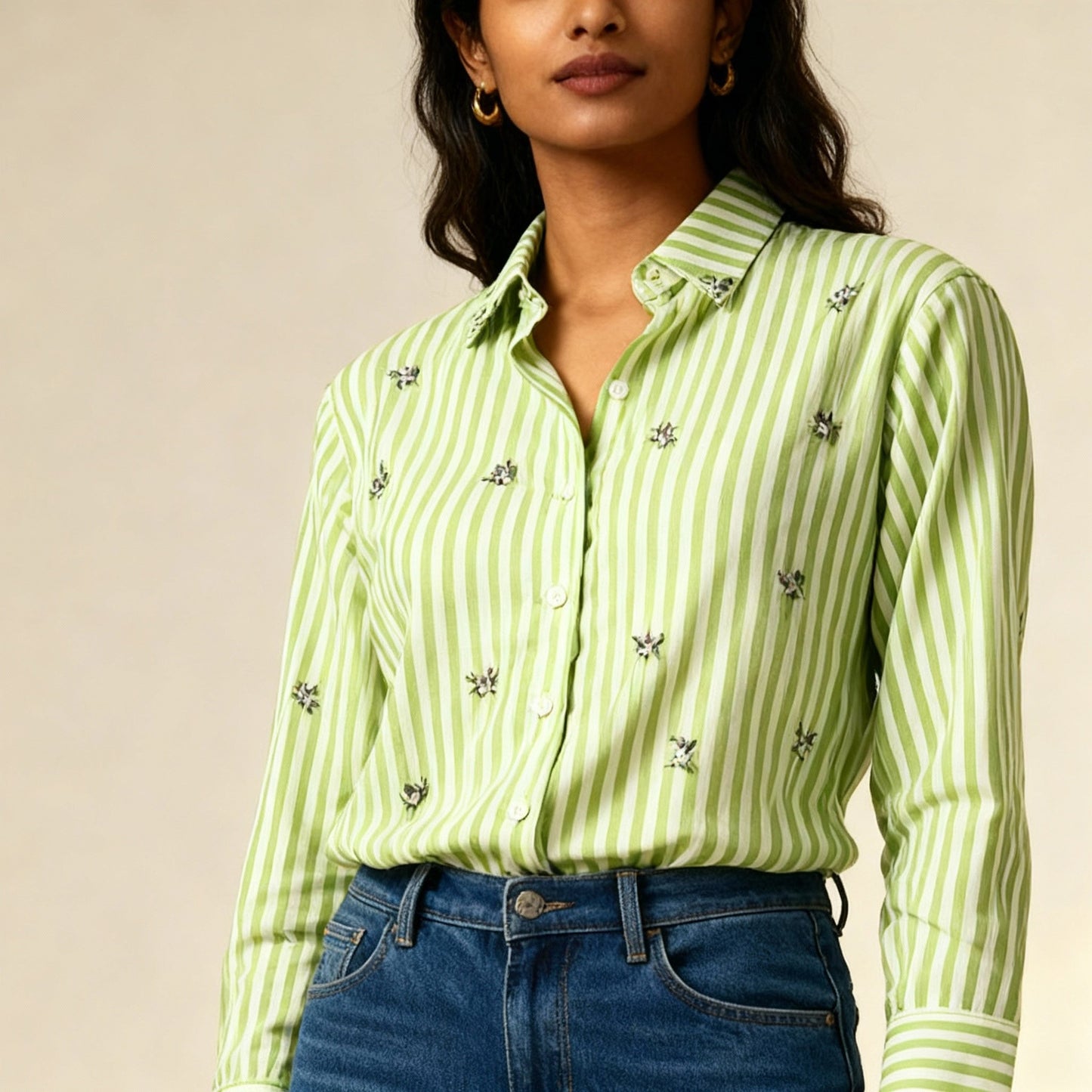 LIGHT GREEN STRIPED EMBELLISHED COTTON SHIRT BESU INDIA