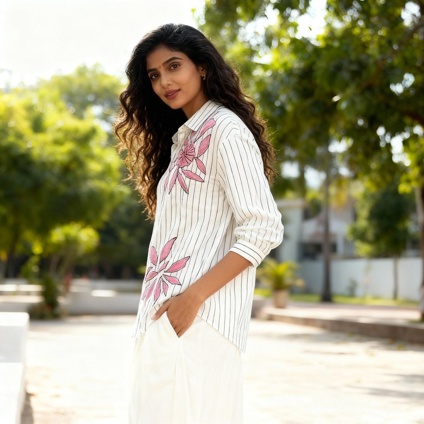 BLACK AND WHITE STRIPED COTTON SHIRT WITH PATCHWORK BESU INDIA