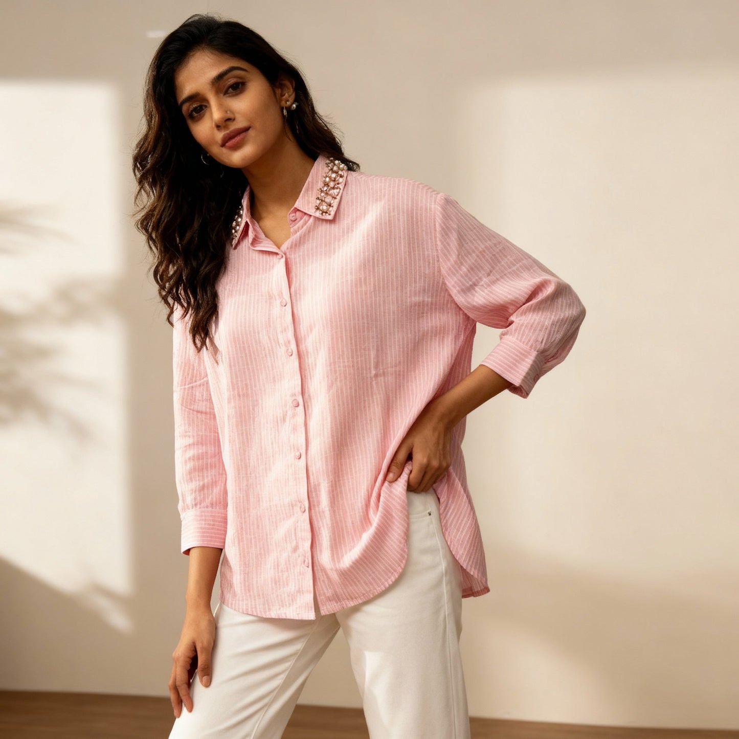 LIGHT PINK STRIPED SHIRT WITH EMBROIDERED COLLAR BESU INDIA