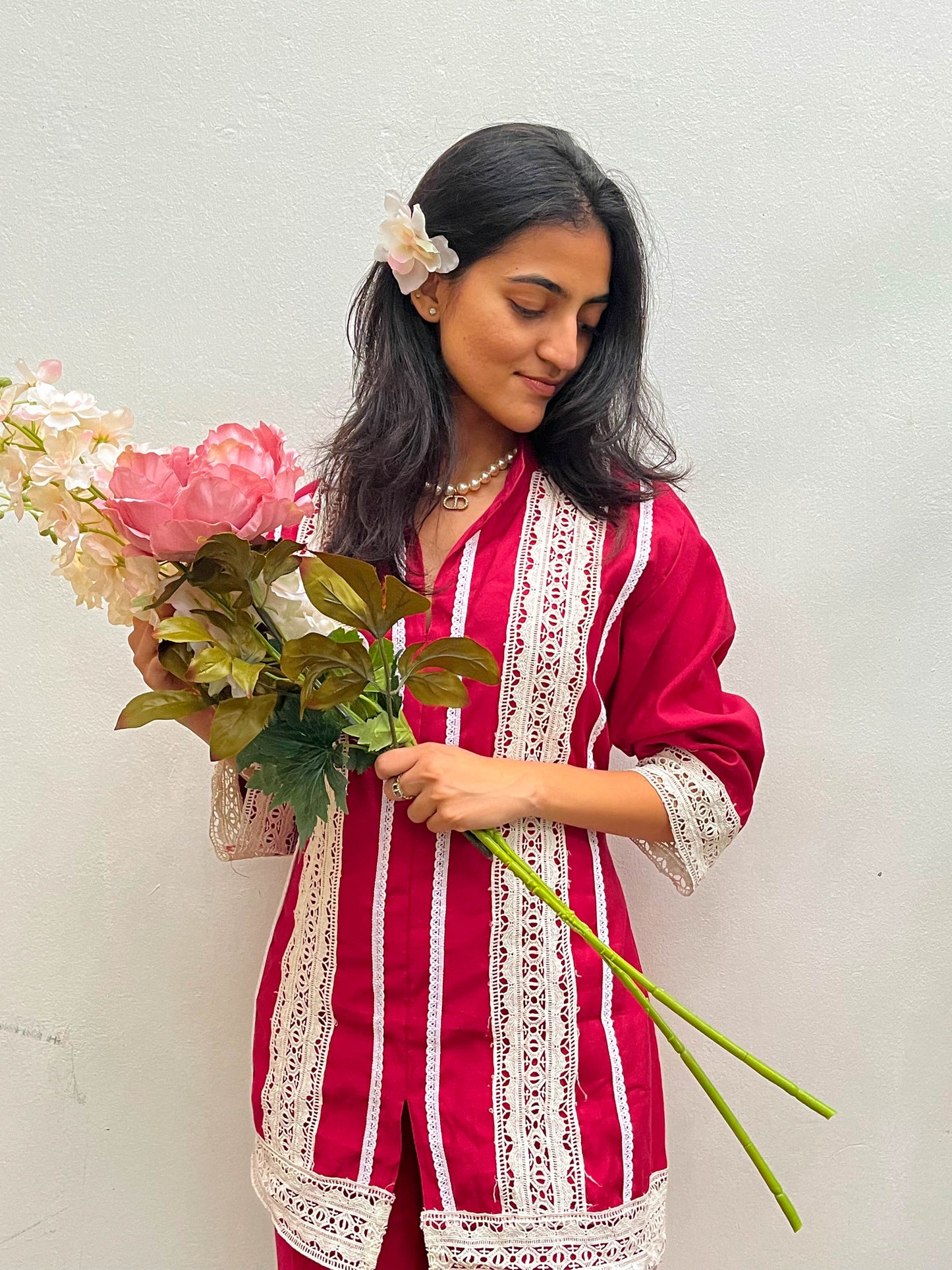 DEEP RED LACE WORKED KURTA / CO-ORD SET BESU INDIA