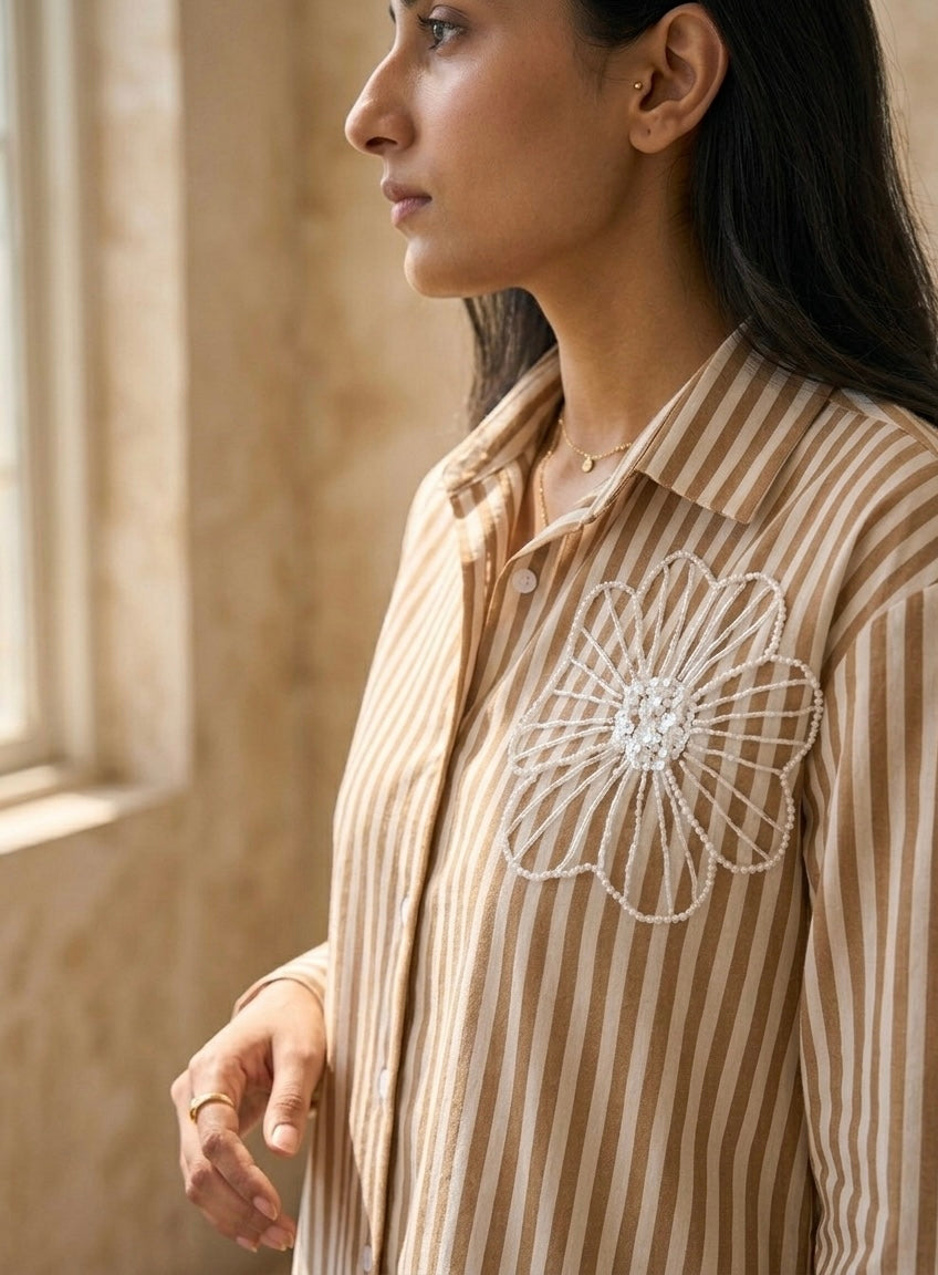 BROWN STRIPED SHIRT WITH PEARL EMBROIDERY BESU INDIA