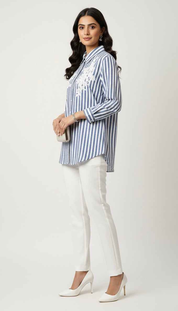BLUE AND WHITE STRIPED SHIRT WITH SEQUINS HAND EMBROIDERY BESU INDIA