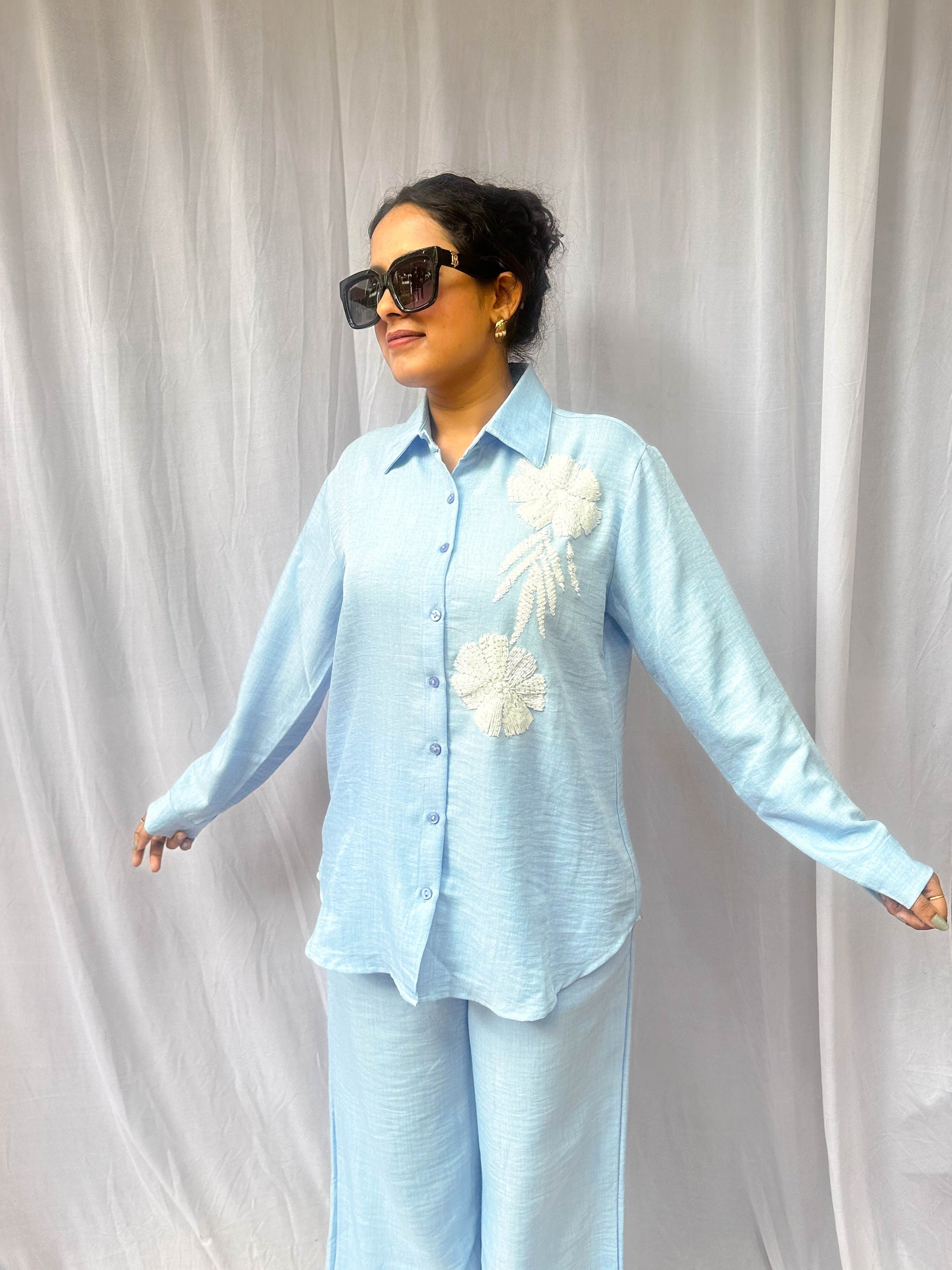 BLUE SOFT COTTON LINEN CO-ORDS WITH PATCHWORK WHITE SEQUINS EMBROIDERY BESU INDIA