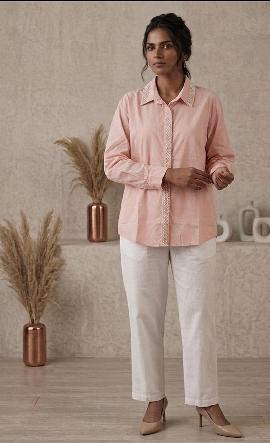 PEACH EMBELLISHED COTTON SHIRT BESU INDIA