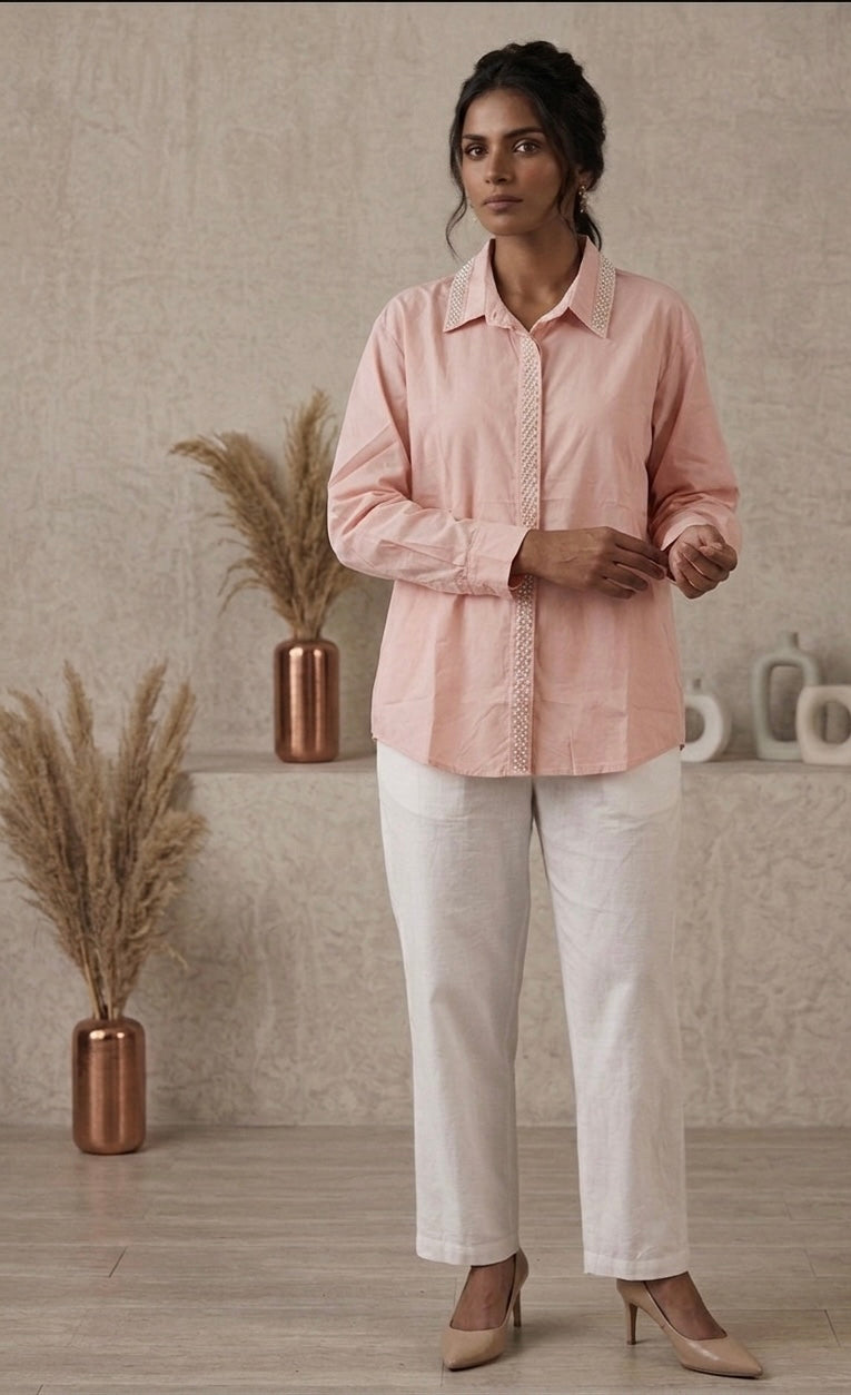 PEACH EMBELLISHED COTTON SHIRT BESU INDIA
